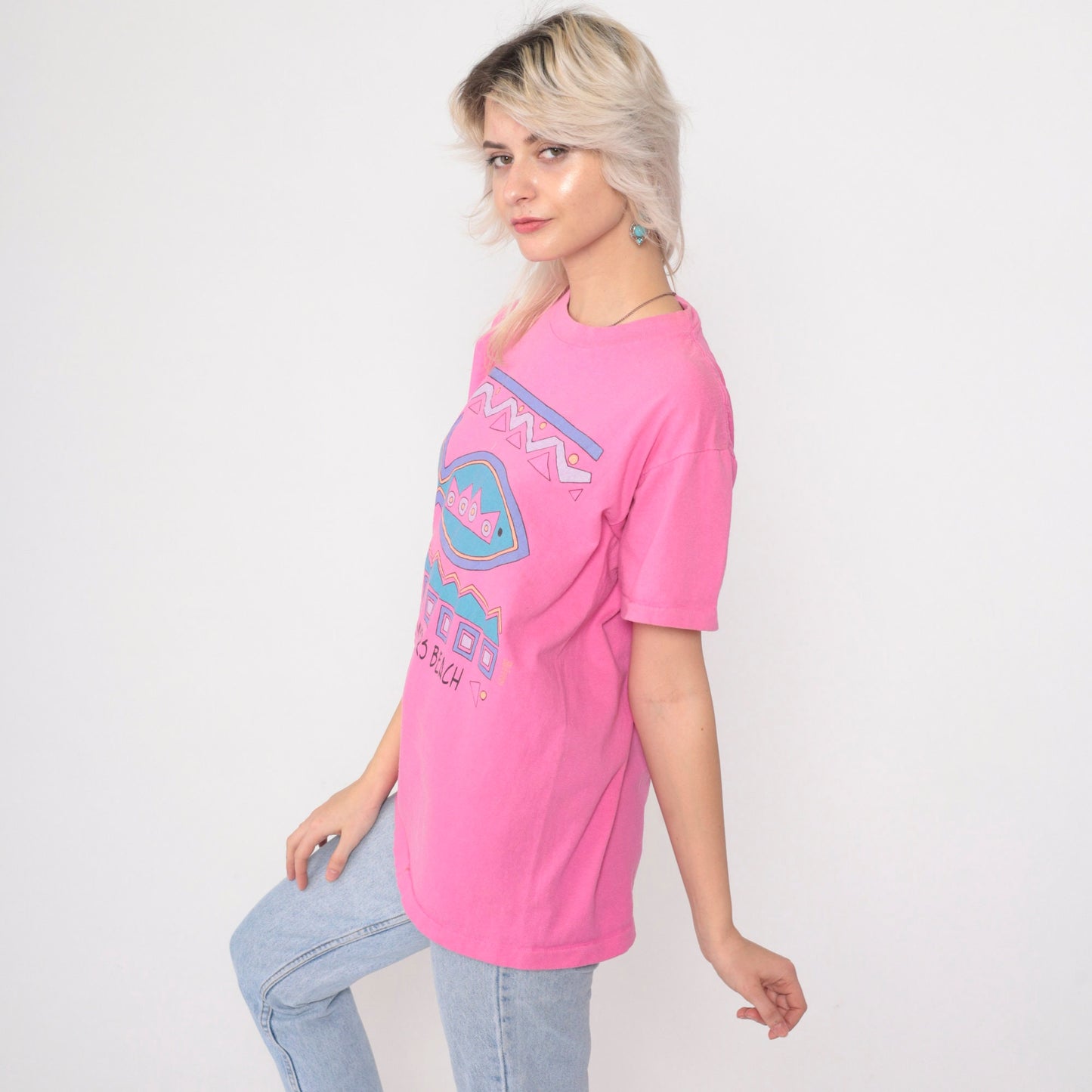 90s Fort Myers Beach Tropical Fish Graphic Tee Hot Pink Cotton Medium