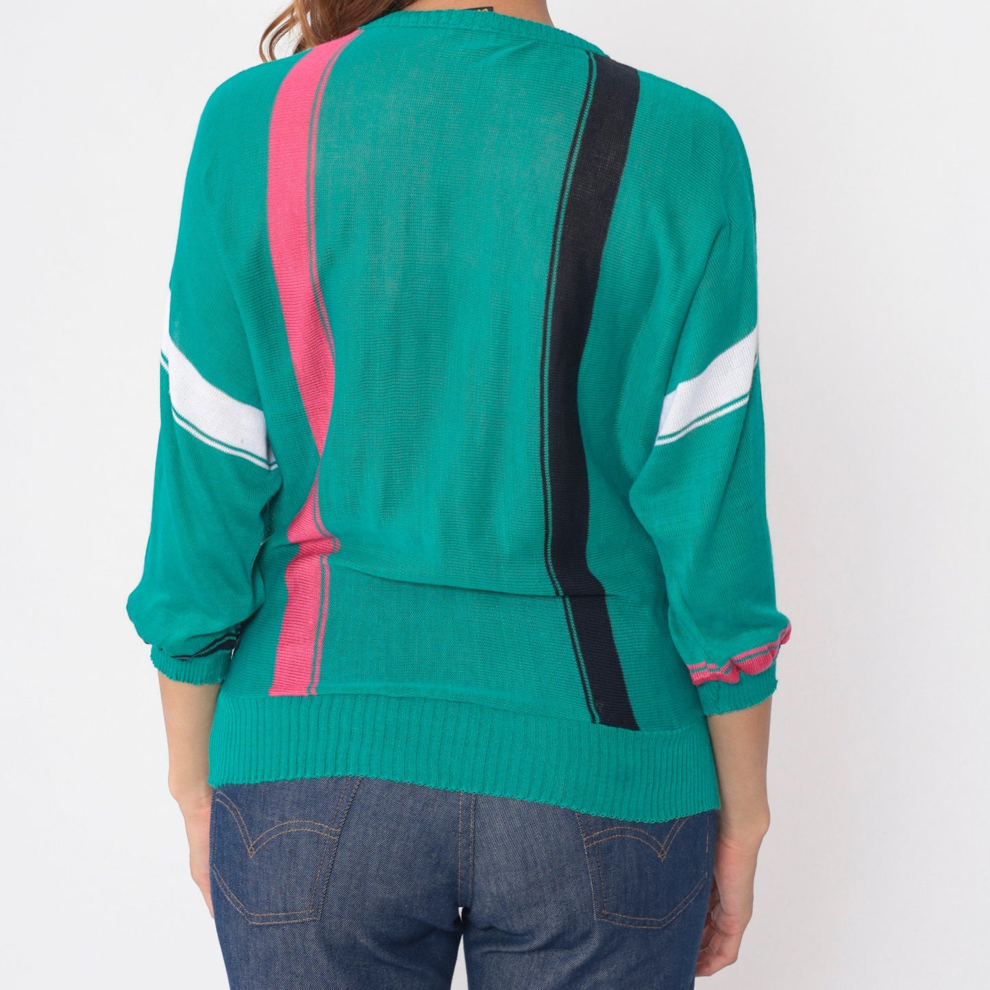 80s Teal Striped Knit Sweater Dolman Sleeve Crewneck Small