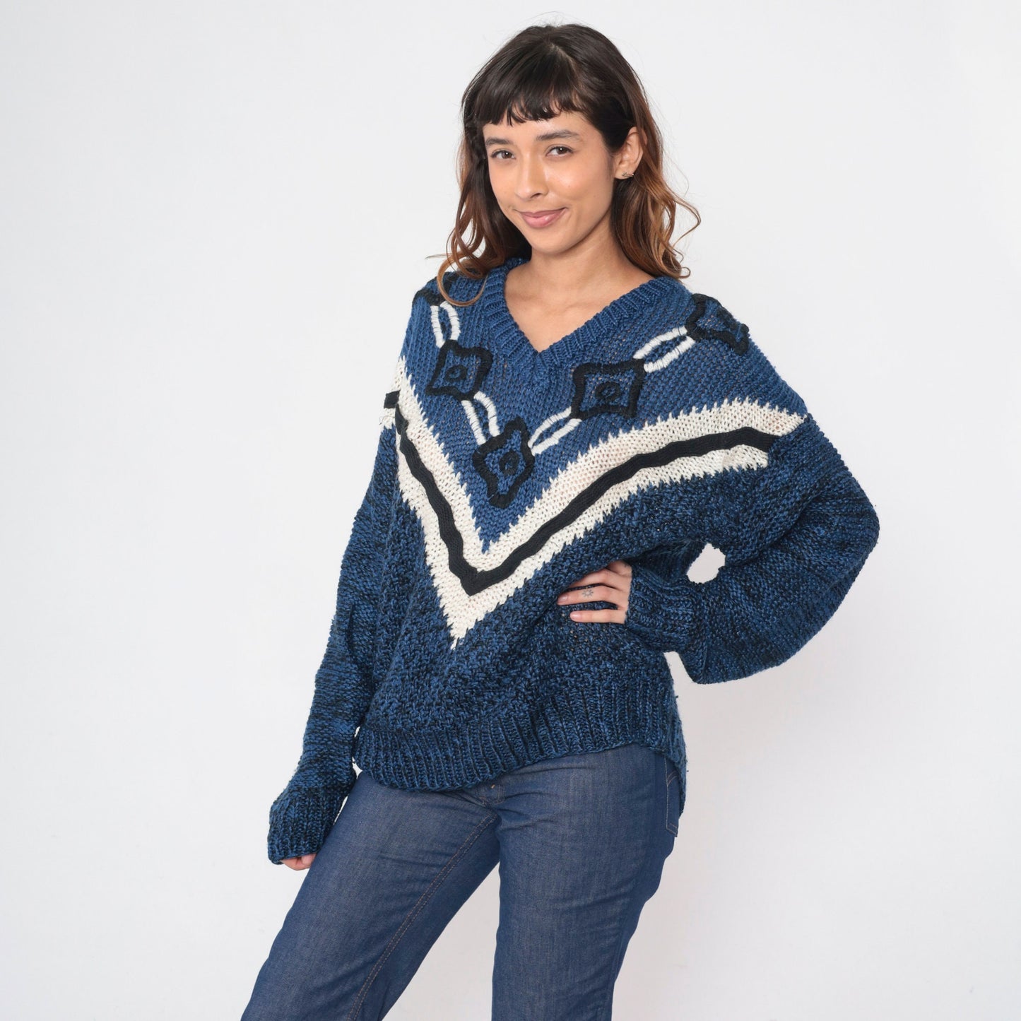 90s Embroidered Floral Knit Sweater Blue Black Chevron Stripe Extra Large