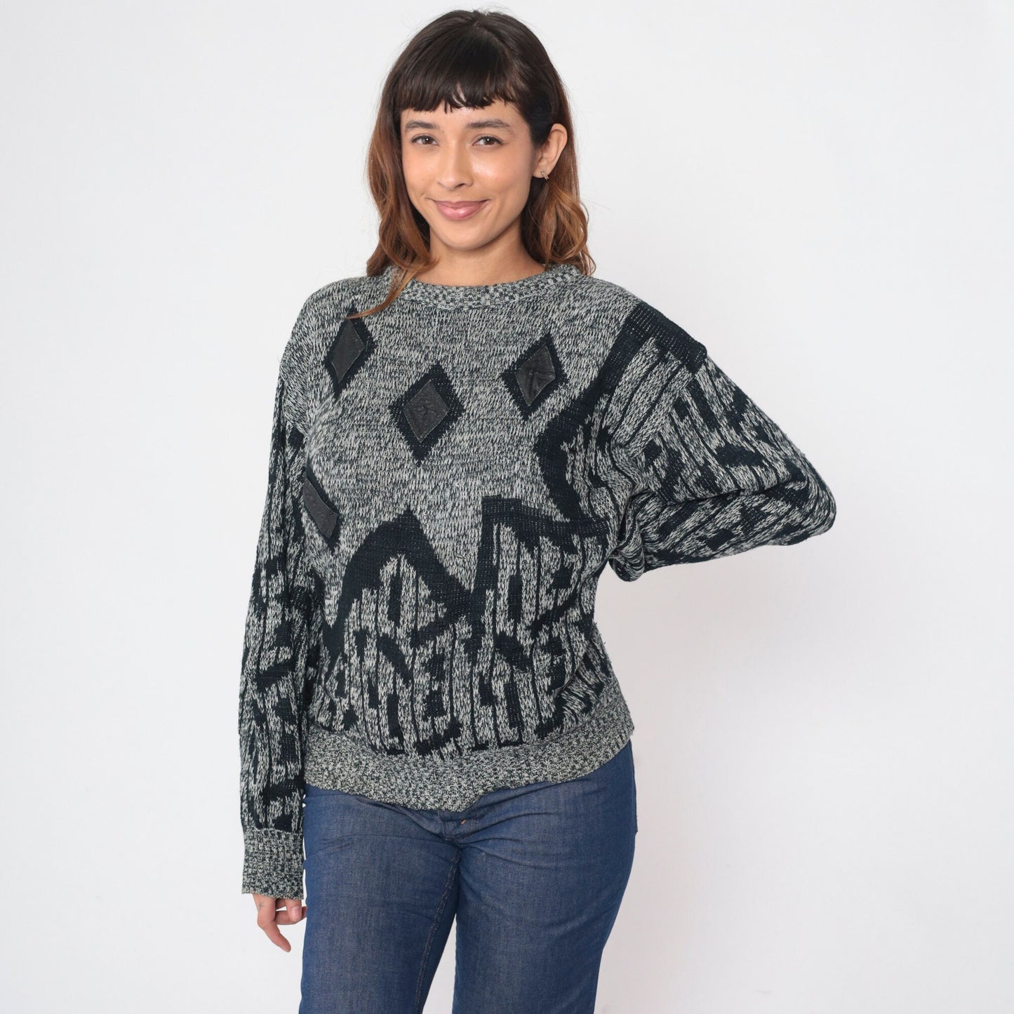 90s Raf Grey Black Flecked Knit Sweater Diamond Leather Patch Crewneck Large L
