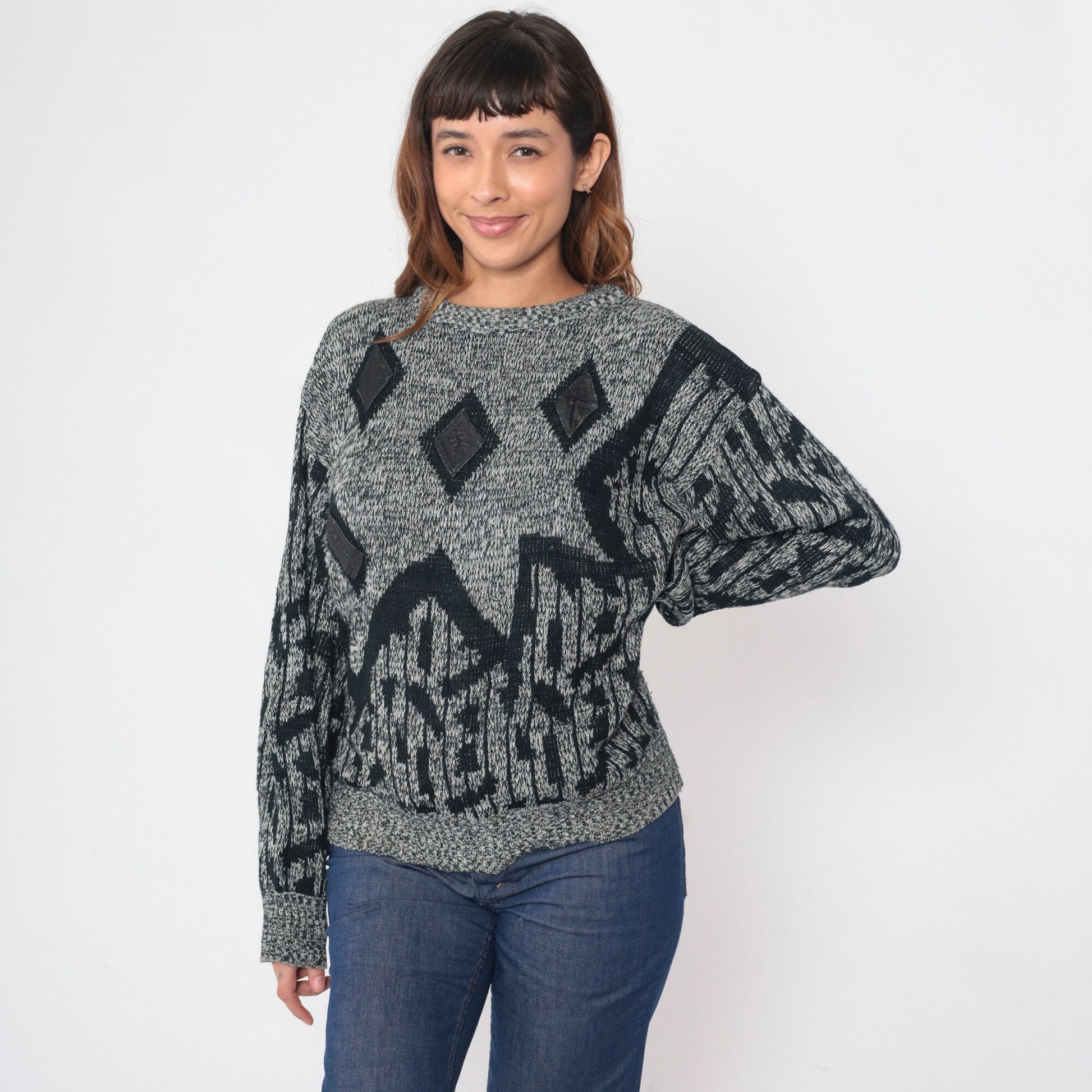 90s Raf Grey Black Flecked Knit Sweater Diamond Leather Patch Crewneck Large L