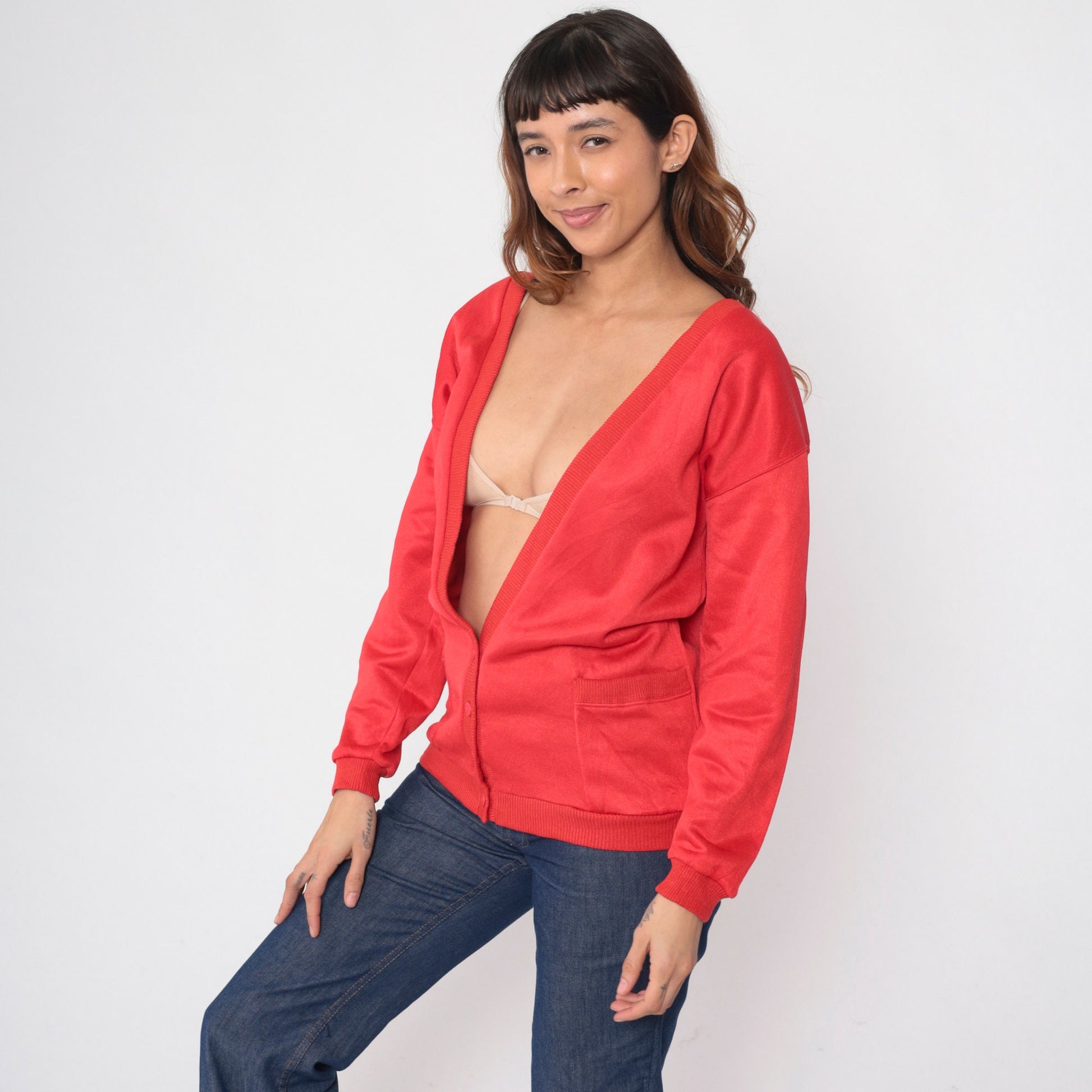 90s Red Cardigan Sweater Button Up Deep V Neck Pockets Medium Large