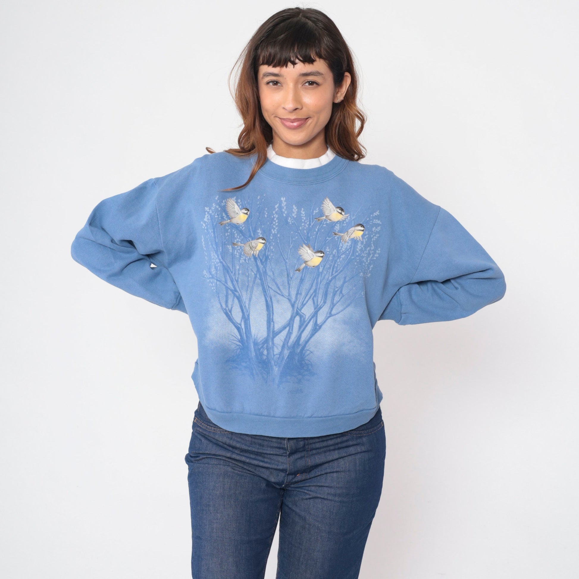 90s Morning Sun Bird Sweatshirt Blue Floral Tree Graphic Crewneck Petite Medium