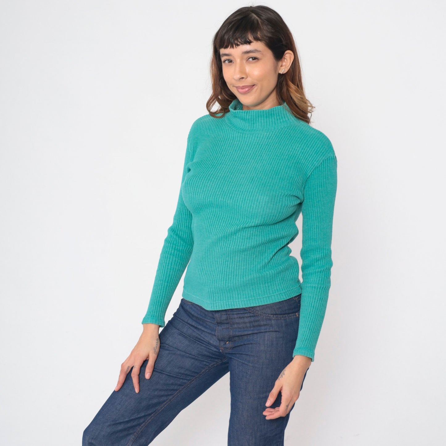 90s Turquoise Ribbed Turtleneck Long Sleeve Knit Top Medium