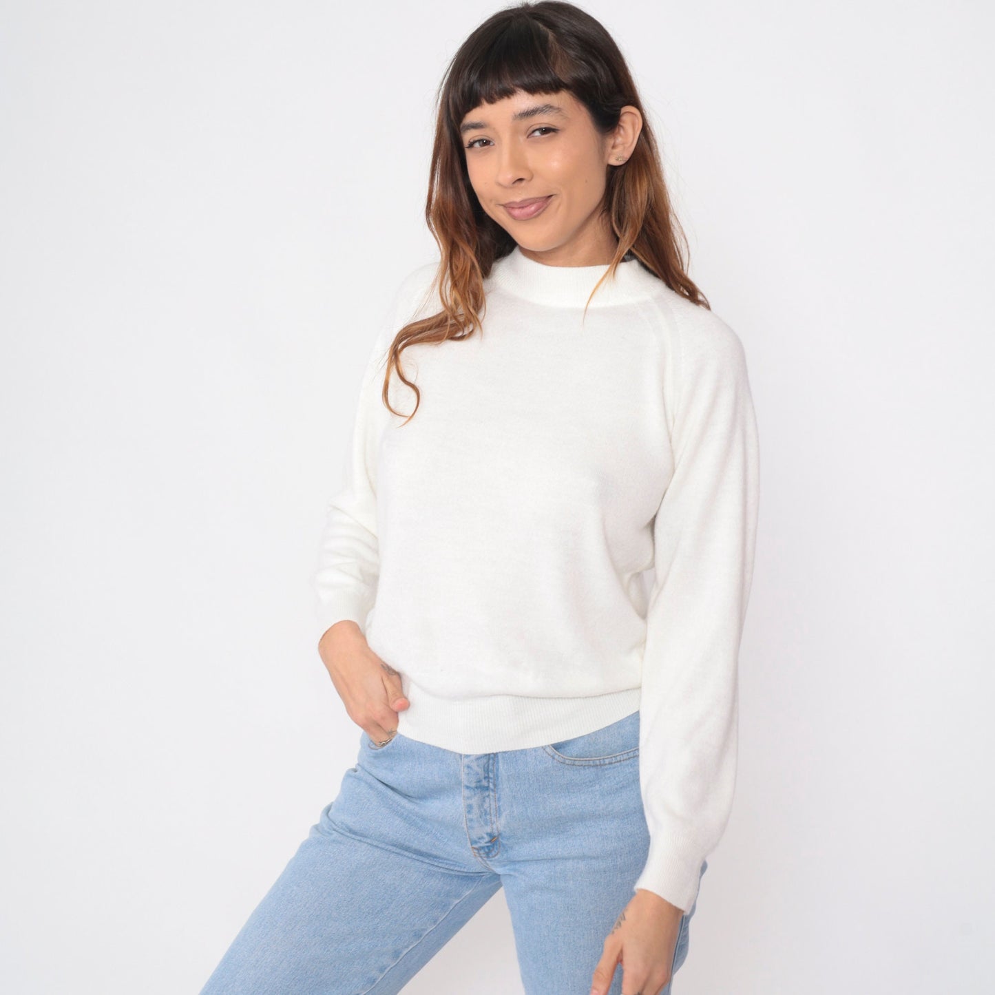 70s White Knit Sweater Mock Neck Raglan Pullover Small