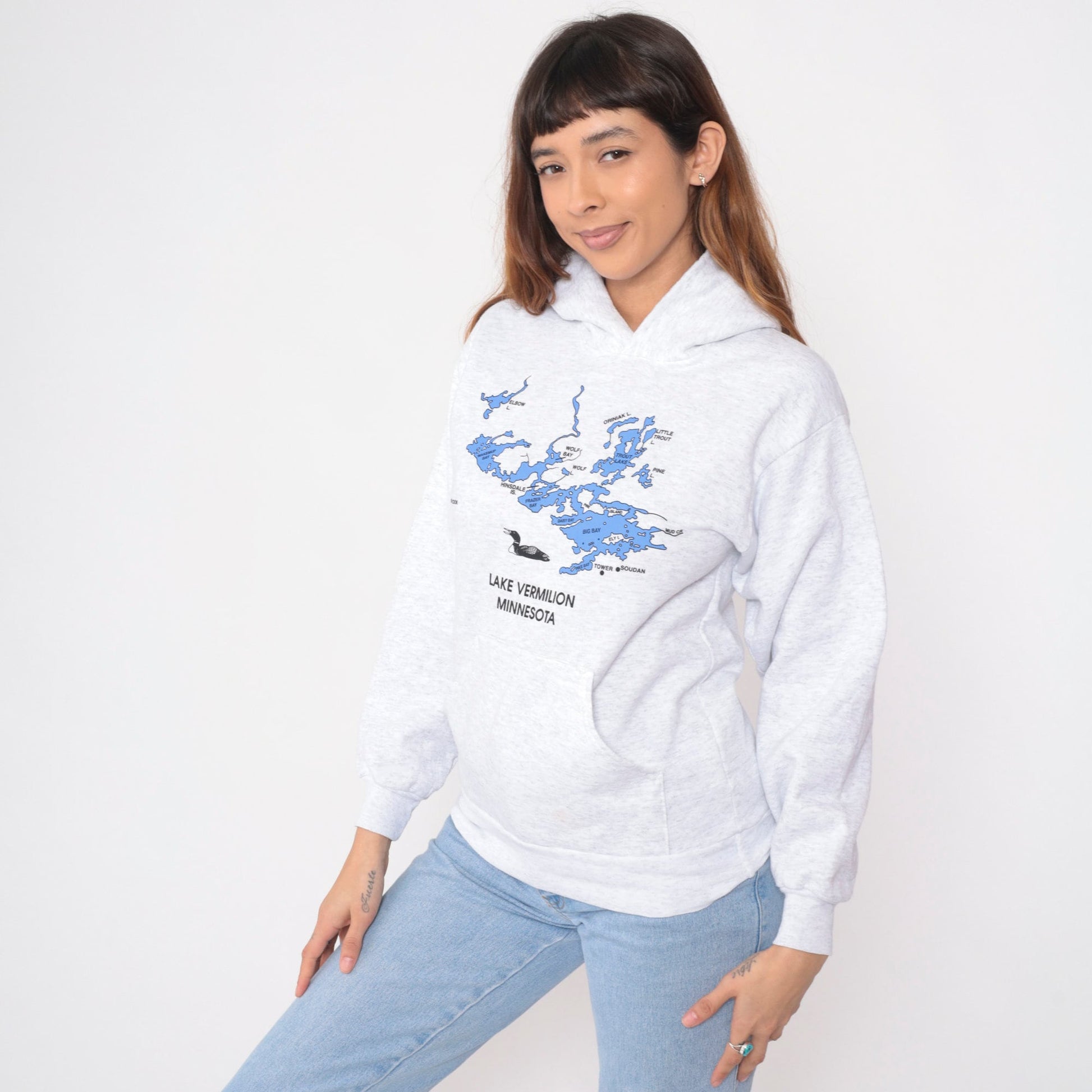 Y2K Lake Vermilion Minnesota Loon Hoodie Heather Grey Extra Small