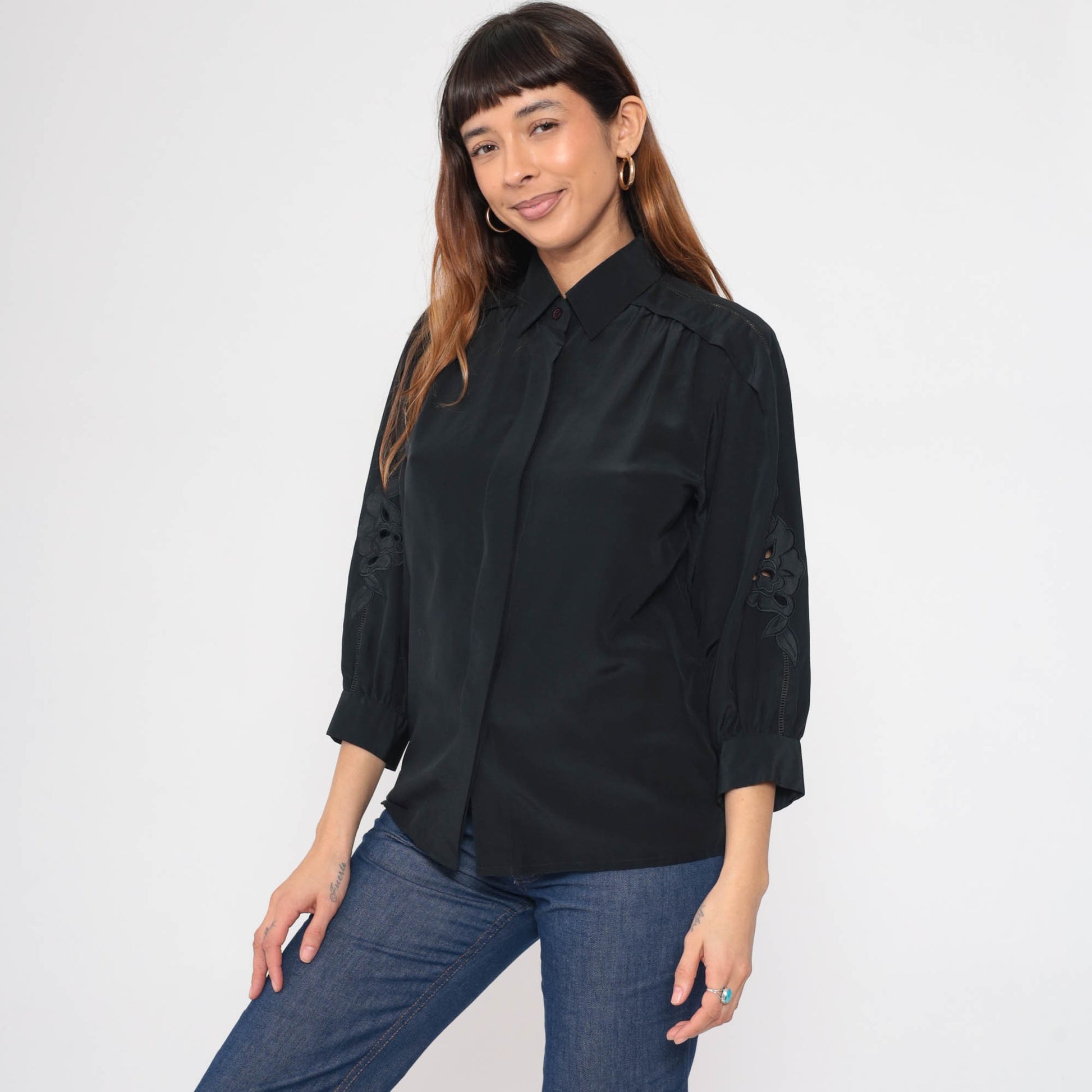 80s Black Floral Embroidered Blouse Cutout 3/4 Sleeve Button-Up Small