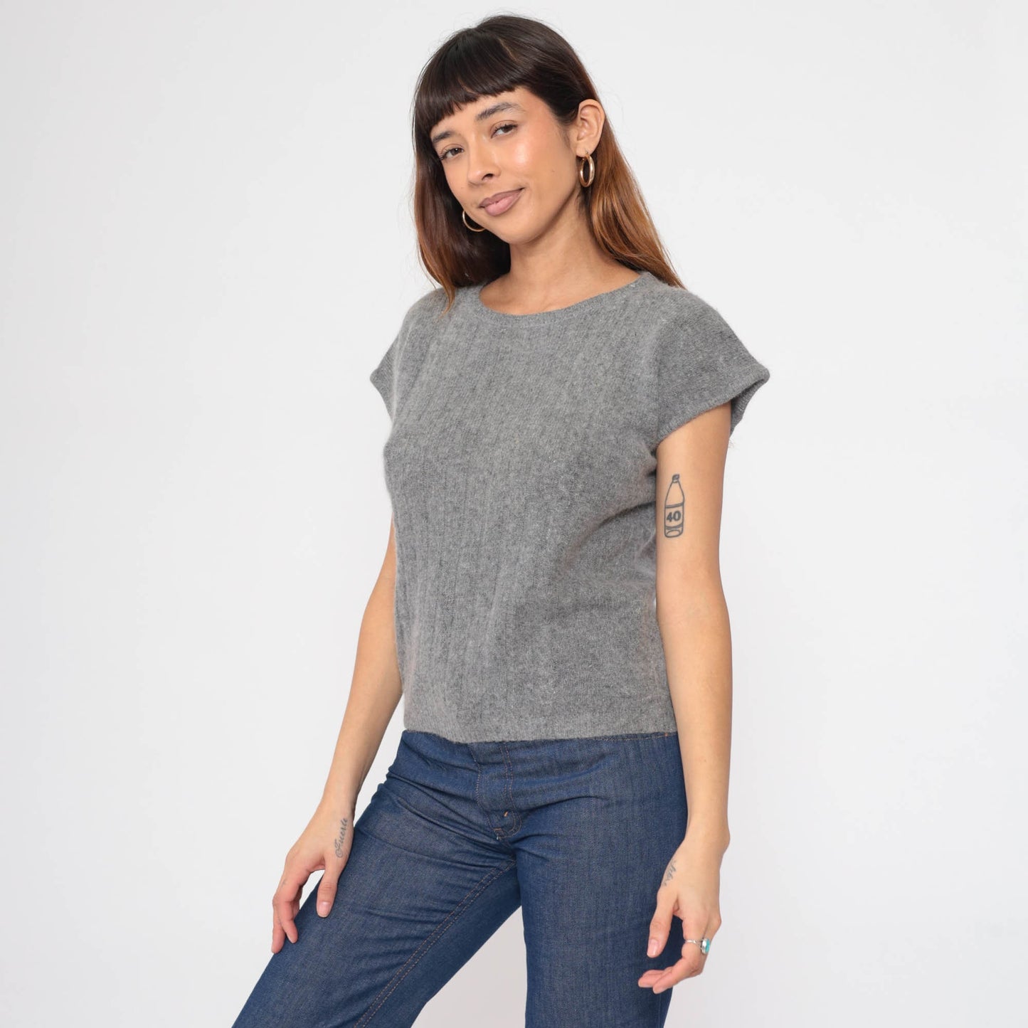 80s Grey Lambswool Angora Cap Sleeve Knit Sweater Top Small S