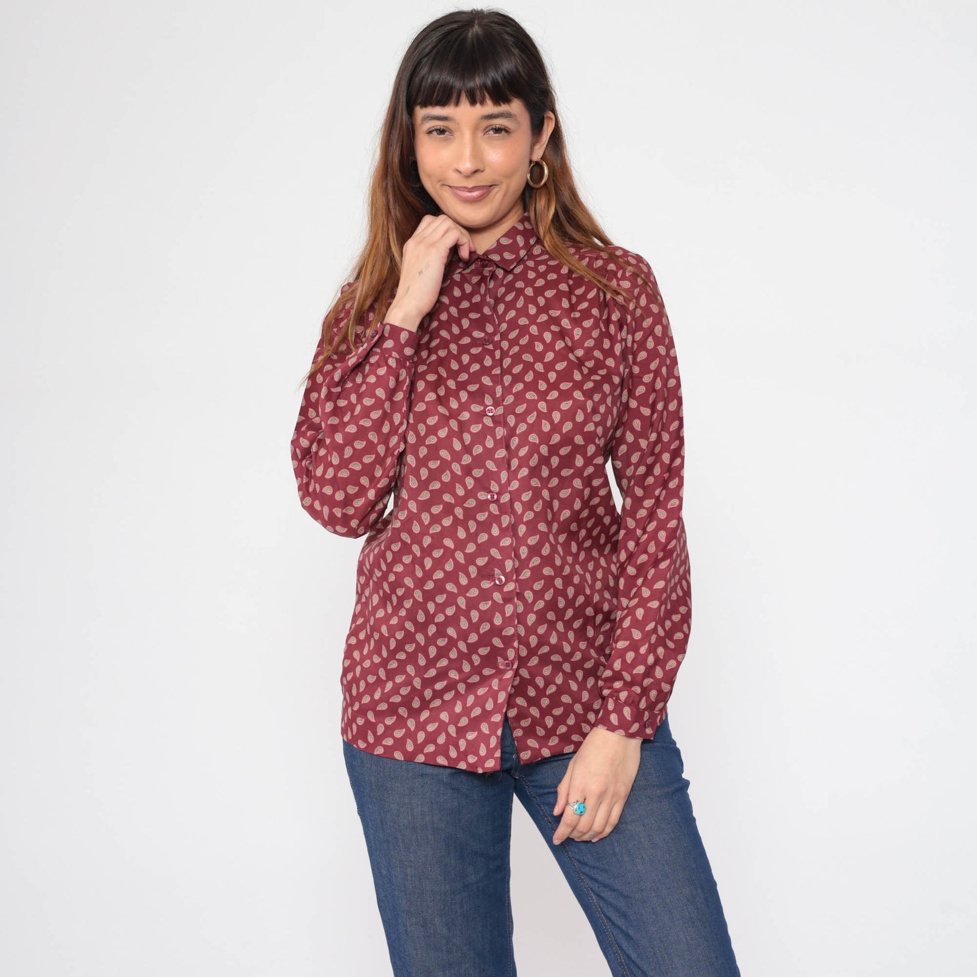 80s Burgundy Paisley Button-Up Blouse Long Sleeve Collar Medium