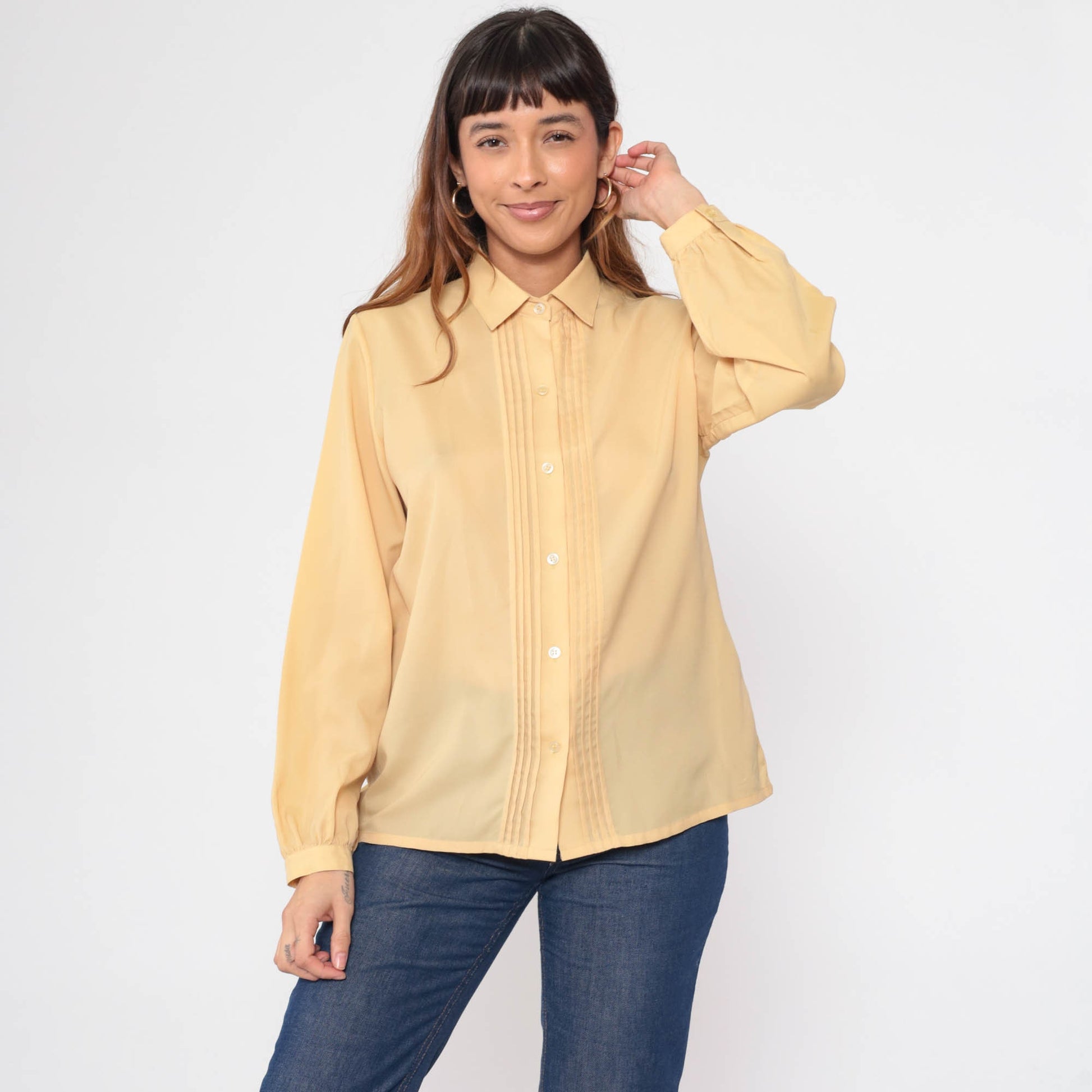 80s Yellow Pleated Button-Up Blouse Long Sleeve Collared Shirt Large L