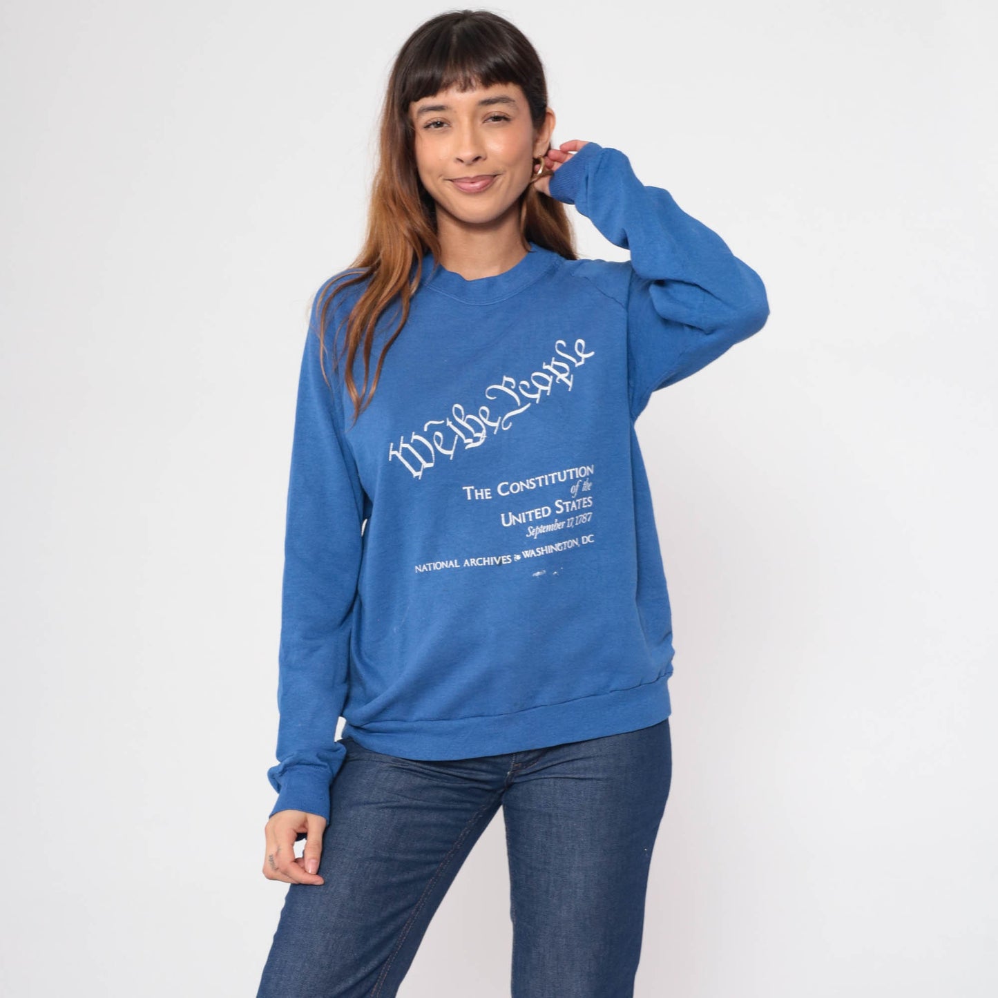 80s We The People US Constitution Sweatshirt National Archives Blue Raglan Medium