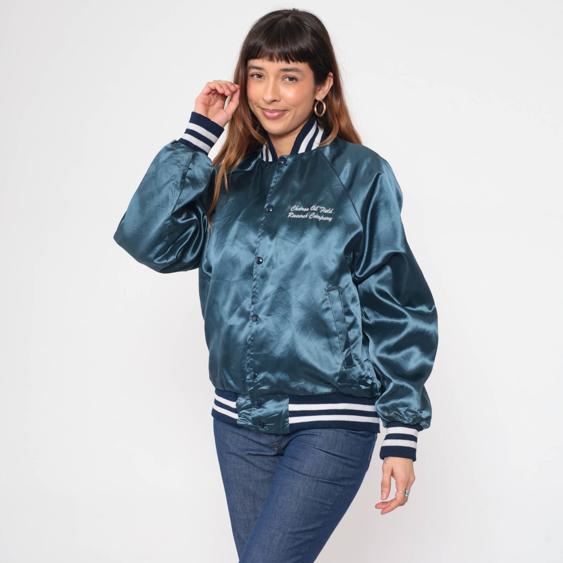 80s Chevron Oil Field Research Satin Bomber Jacket Blue Medium