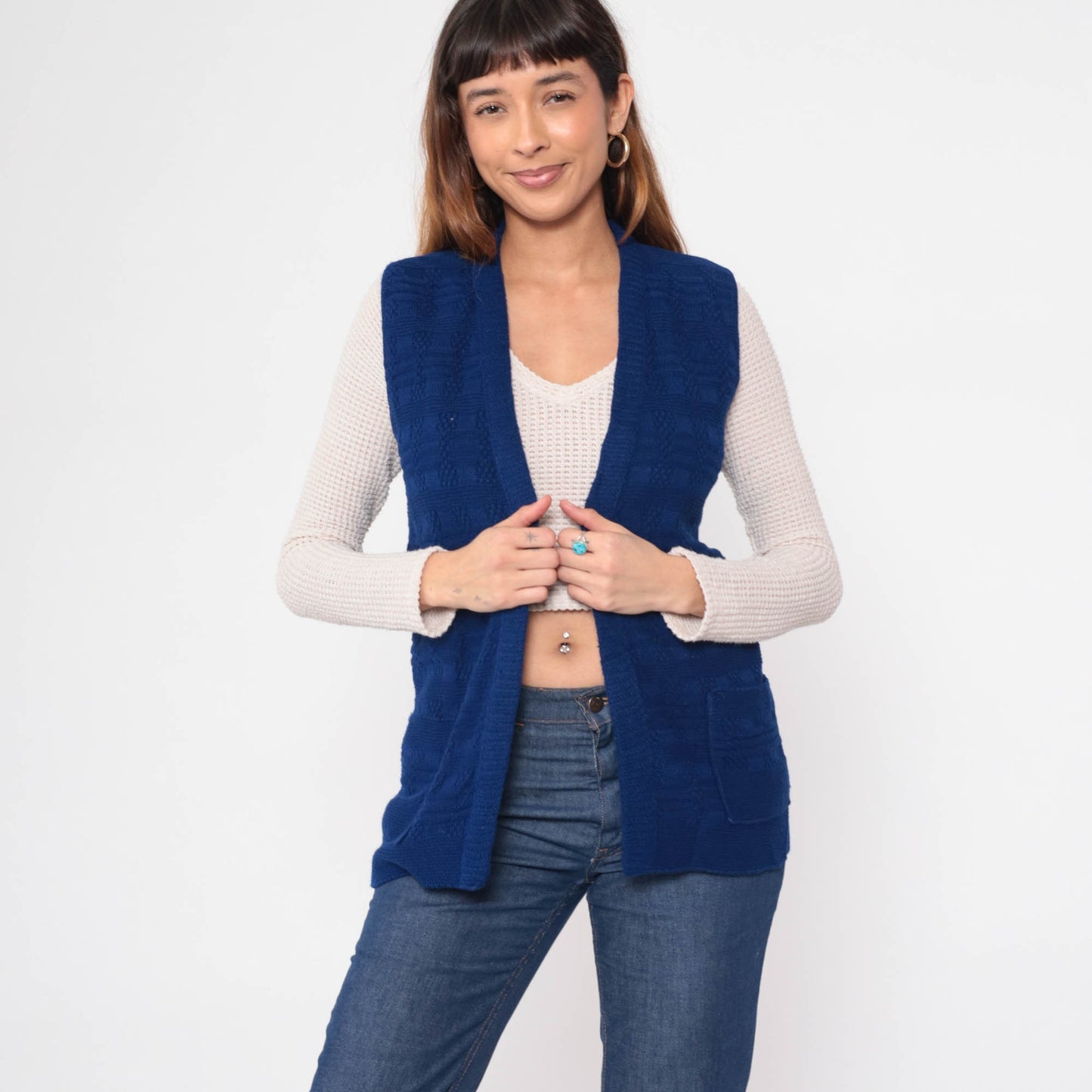 70s Knit Vest Navy Textured Checkered Open Front Sleeveless Top Small