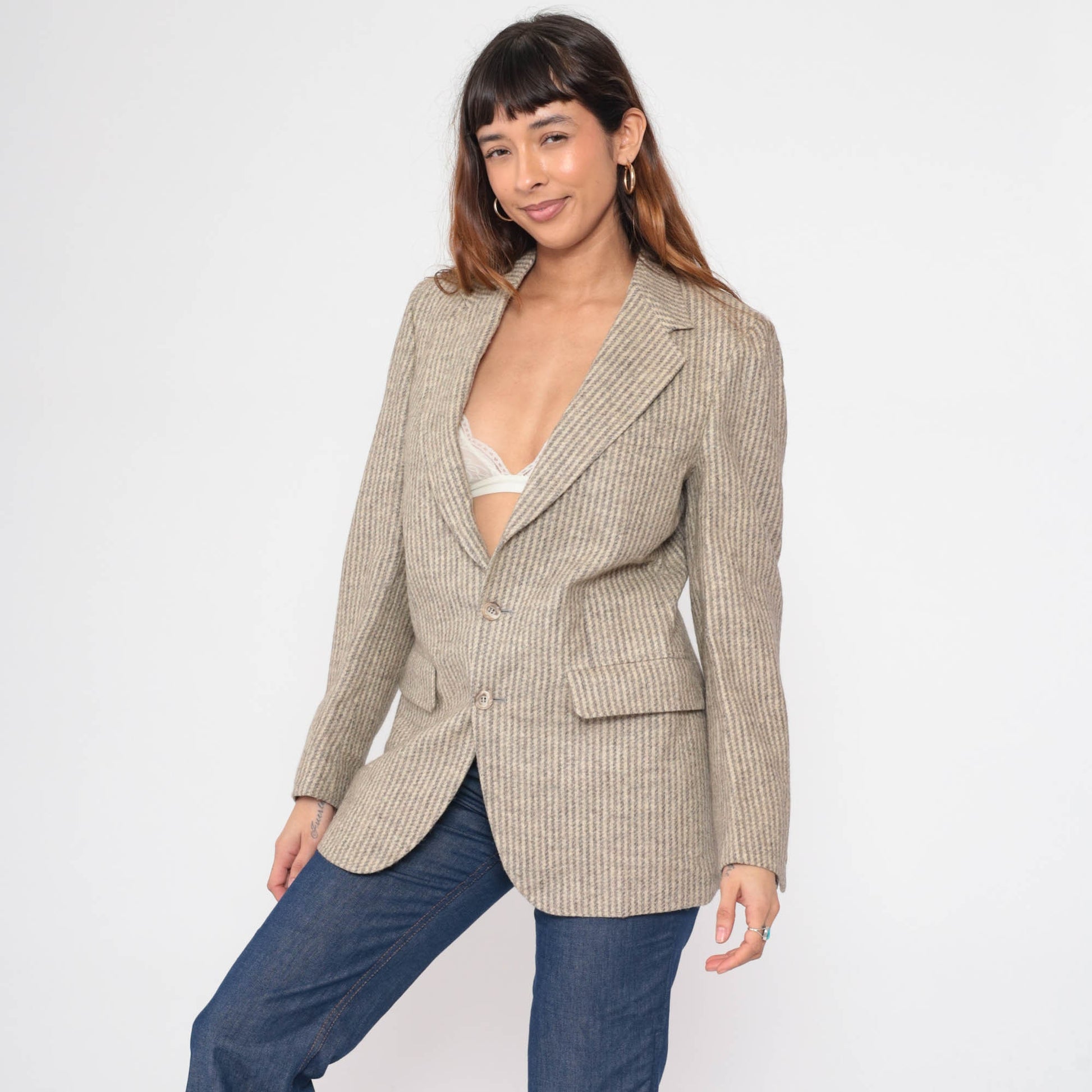 80s Striped Wool Blend Blazer Grey Beige Tailored Button-Up Small