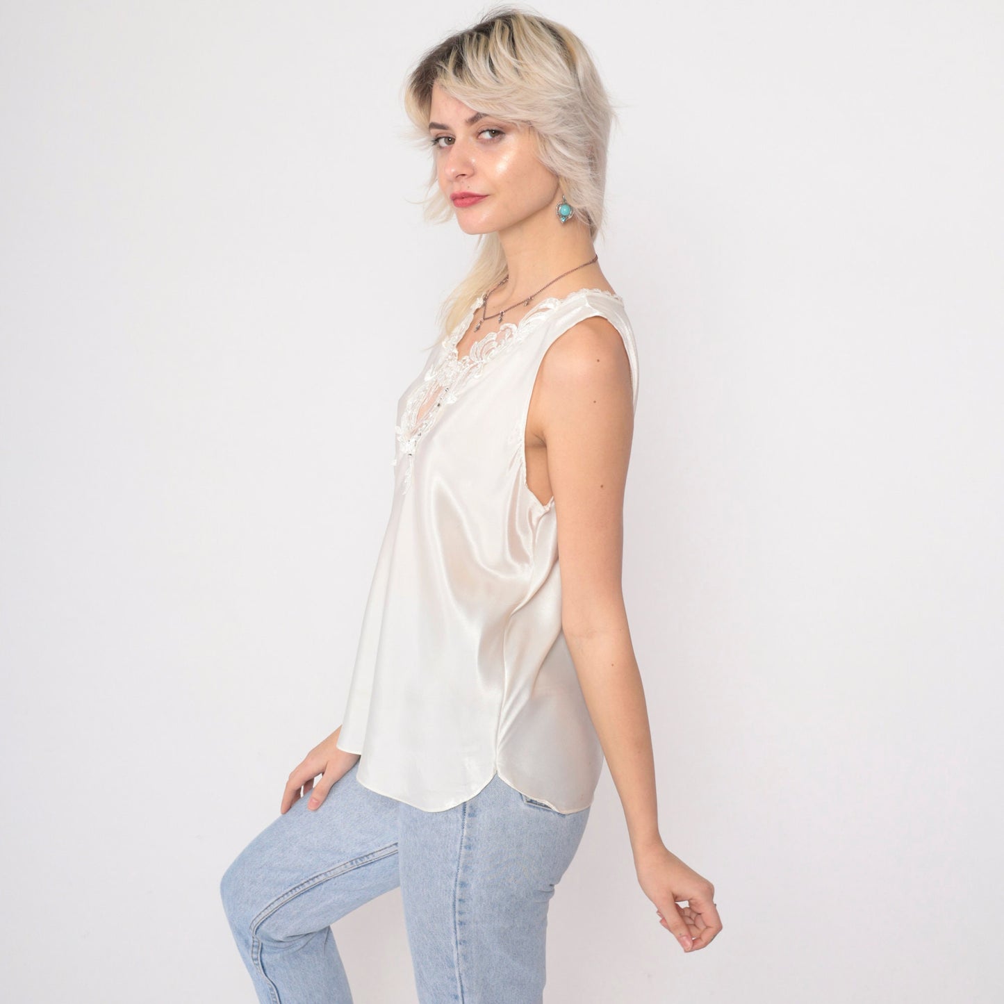80s White Satin Camisole Tank Top Pearl Beaded Lace Trim Medium