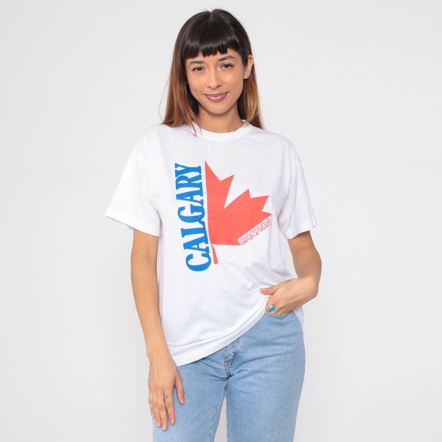 80s Calgary Alberta Canada Maple Leaf Graphic T-Shirt Single Stitch Medium