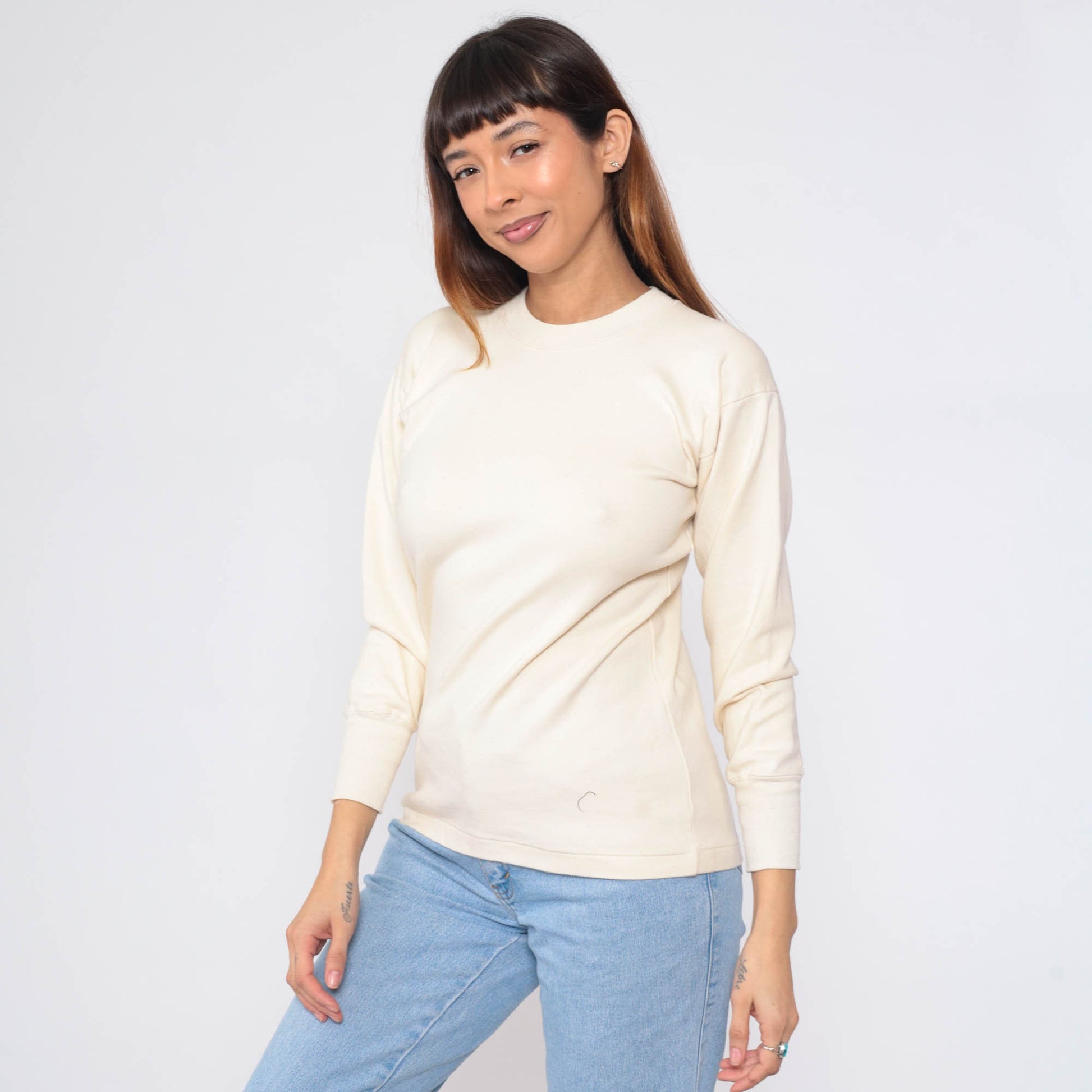 80s Cream Long Sleeve Crewneck T-Shirt Plain Layering Tee Small