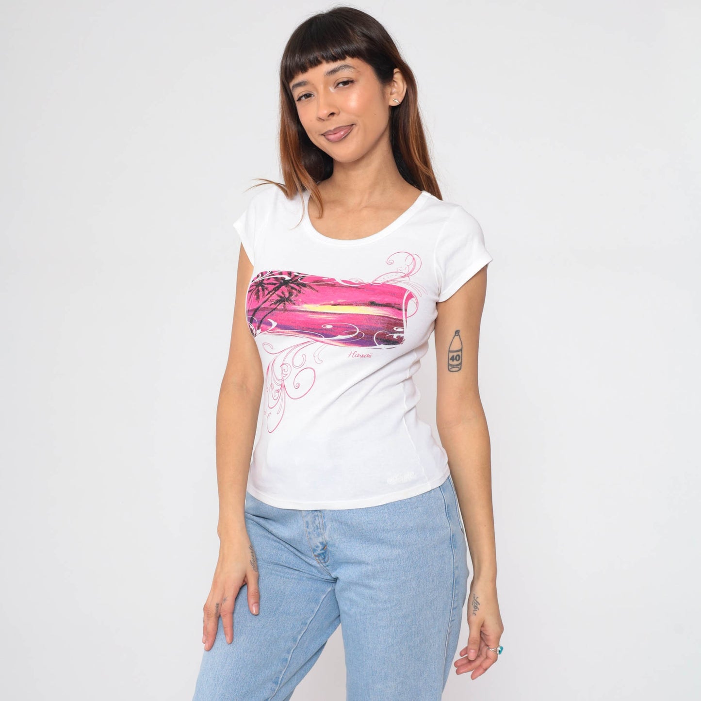 90s Crazy Shirts Hawaii Palm Tree Graphic Baby Tee White Cap Sleeve Small
