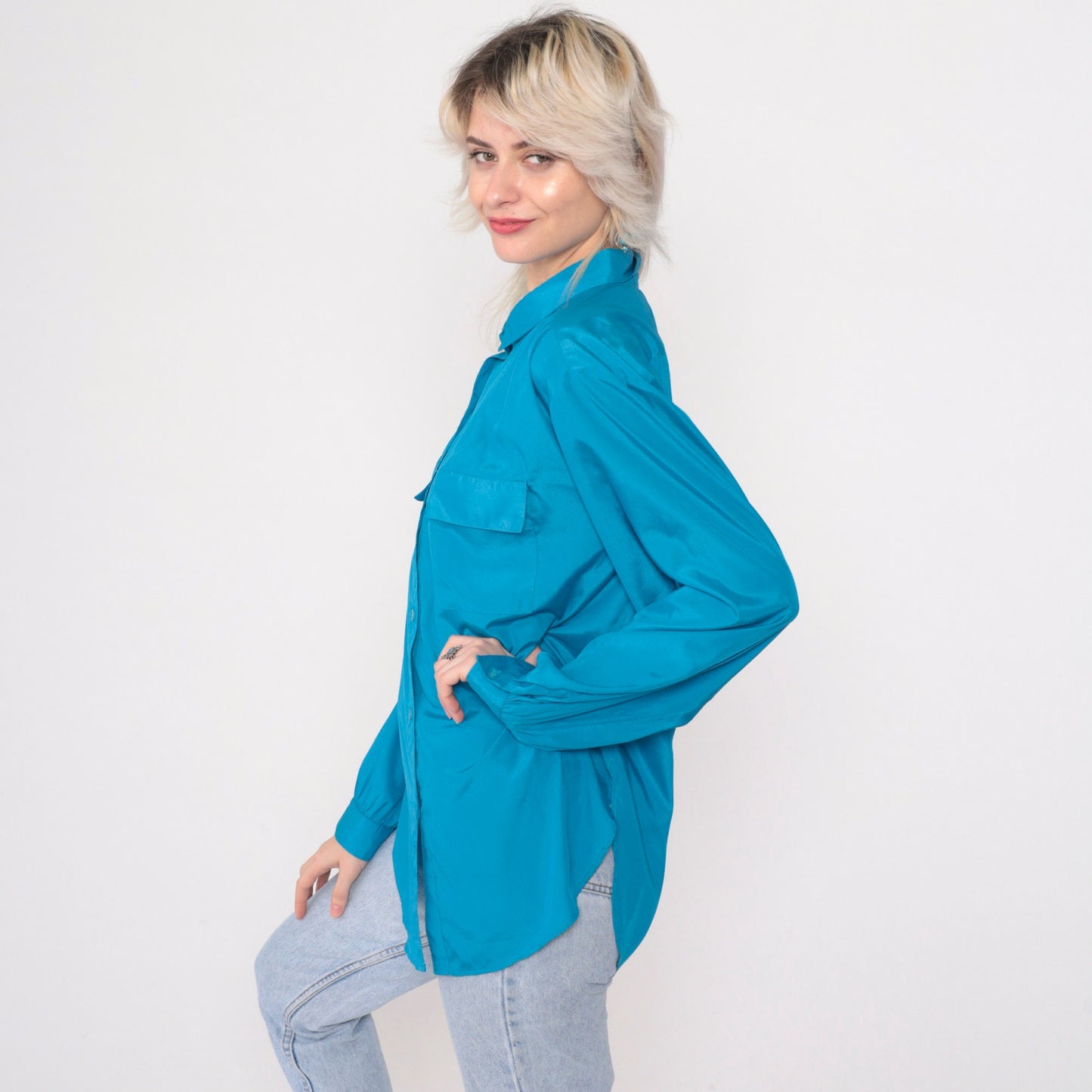 90s Turquoise Button-Up Blouse Gathered Shoulders Roll Tab Sleeves Large