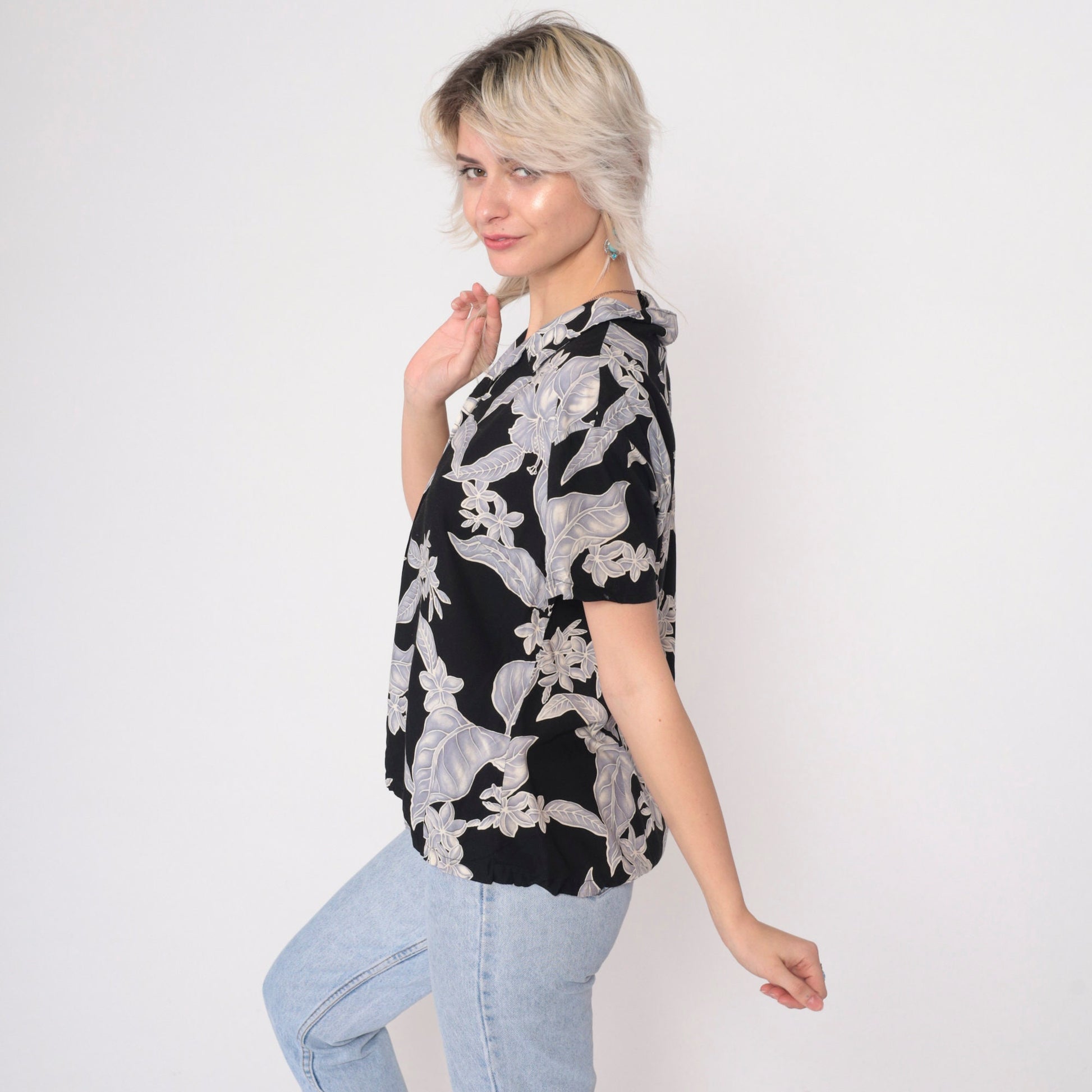 90s Nani Hawaii Tropical Floral Button Up Blouse Black Viscose Large