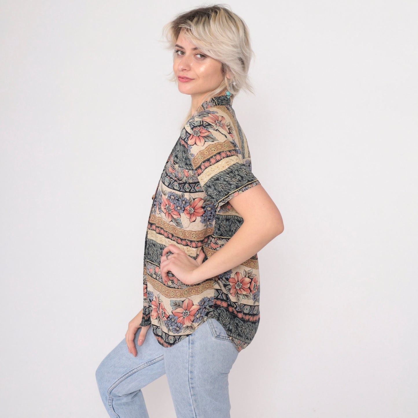 90s O.P.S New York Striped Floral Button-Up Blouse Navy Pink Cream Medium