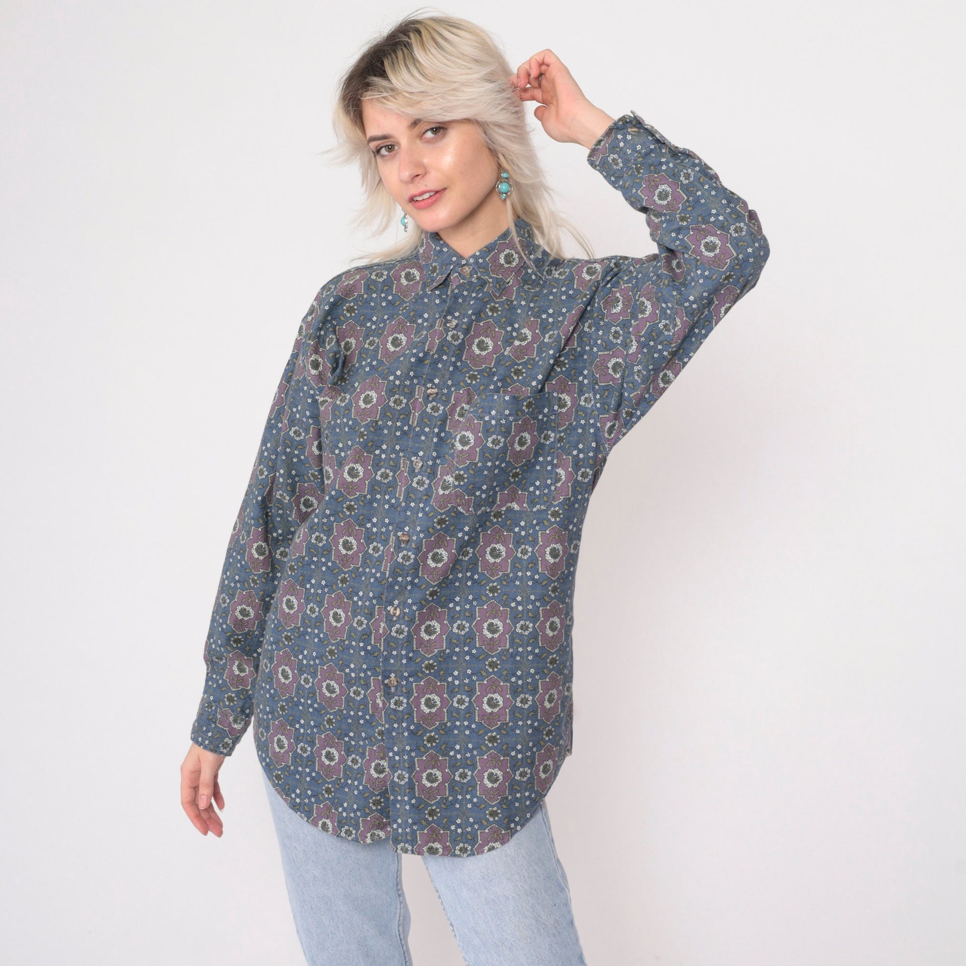 90s Red Eye by Marc Daniels Geometric Medallion Floral Button Up Shirt Small