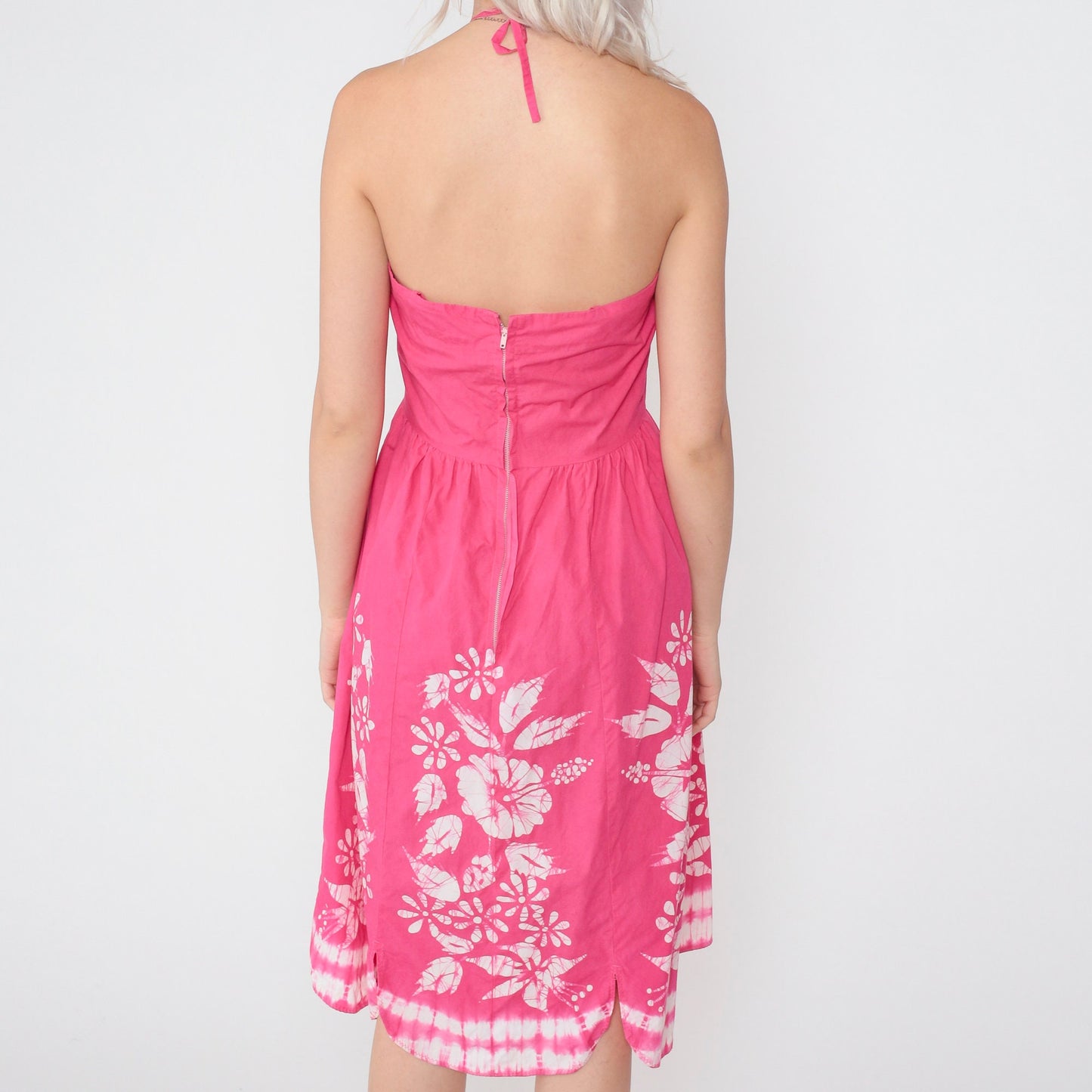 1950s Pink Floral Tie Dye Halter Sundress Open Back Midi Cotton Small