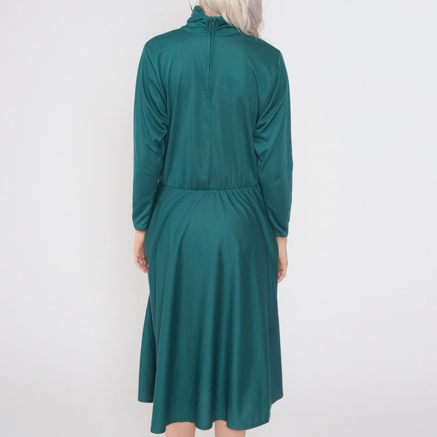 70s Green Turtleneck Midi Dress High Waisted Long Sleeve Pockets Medium