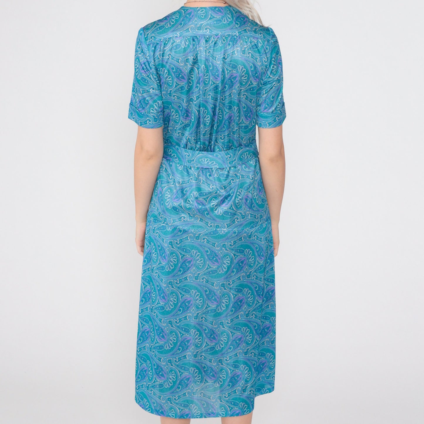 70s Blue Paisley Midi Dress Button-Up Shirtwaist High Waisted Medium