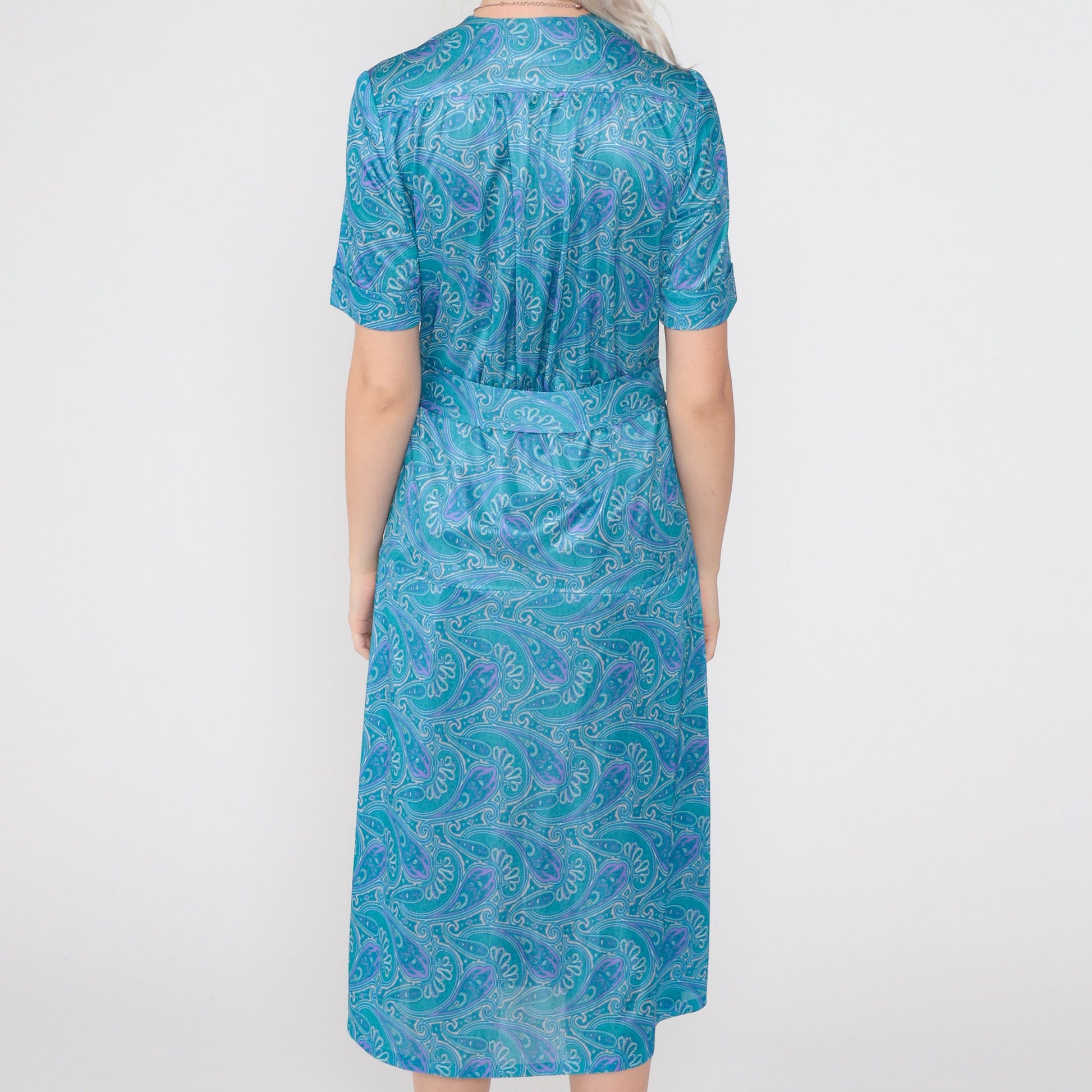 70s Blue Paisley Midi Dress Button-Up Shirtwaist High Waisted Medium