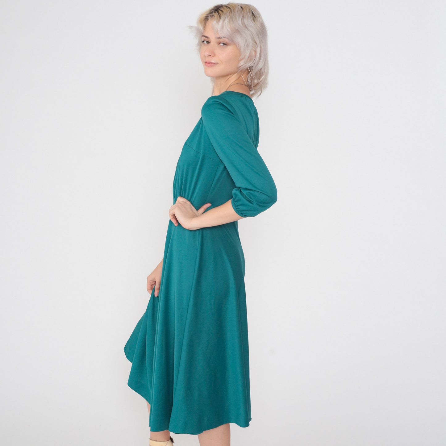 70s Teal Green Midi Dress High Waisted Puff Sleeve Pleated Medium