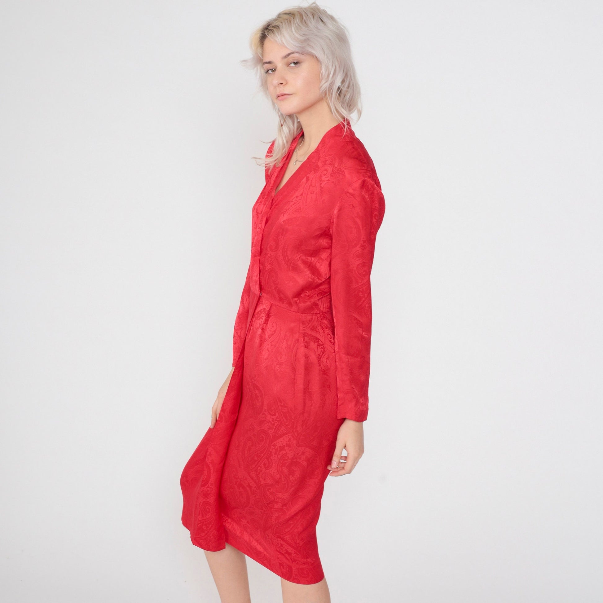 90s Liz Claiborne Red Silk Midi Dress Paisley Embossed V-Neck Faux Wrap Small