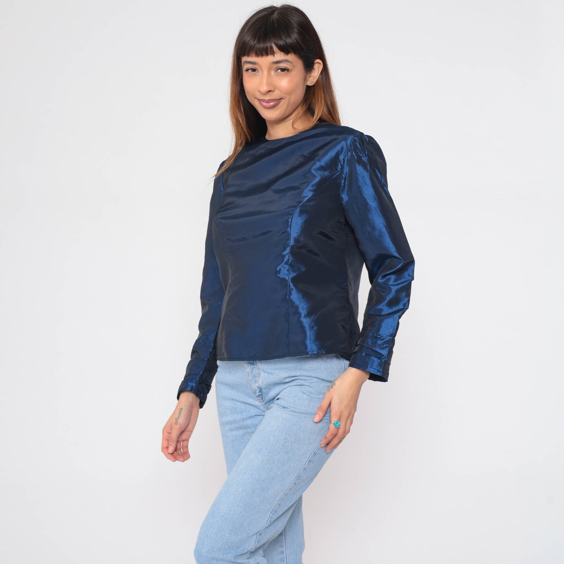 80s Metallic Blue Taffeta Blouse Puff Sleeve Fitted Party Top Medium