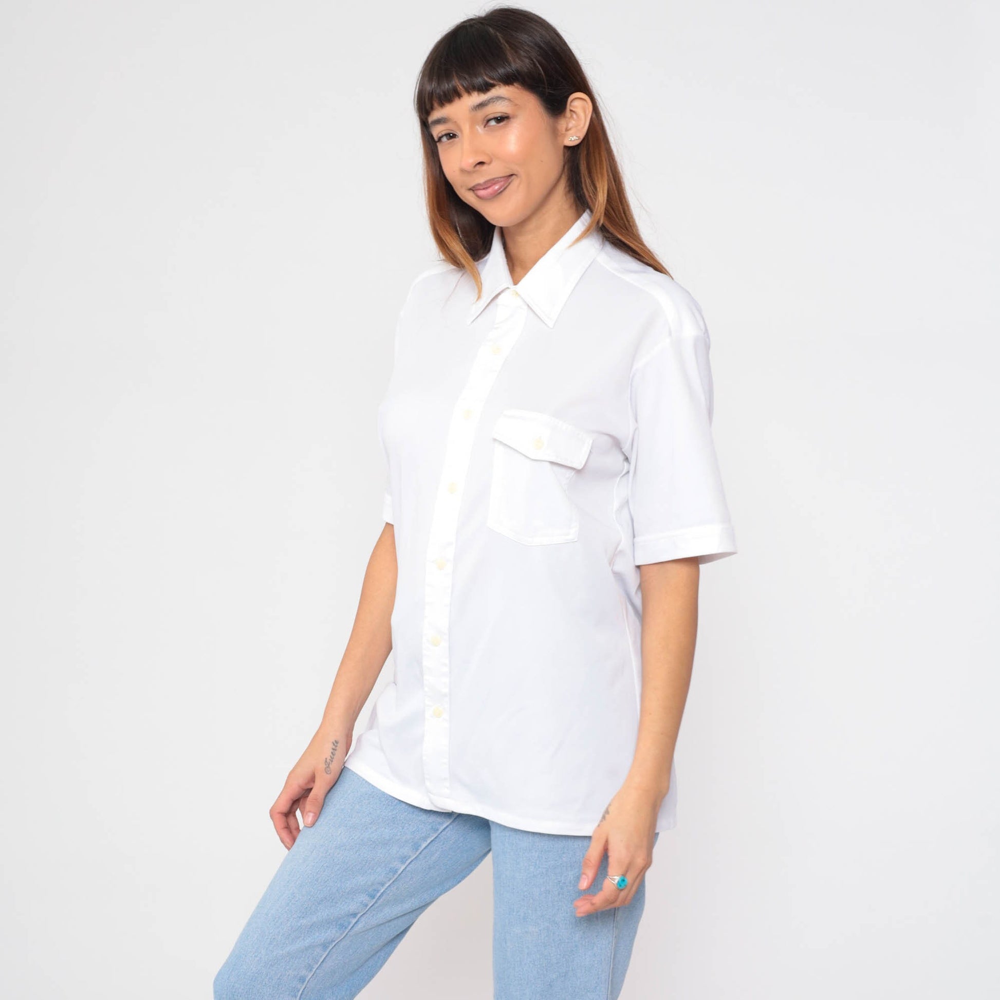 70s Sears White Button-Up Shirt Pointed Collar Utility Pocket Large L