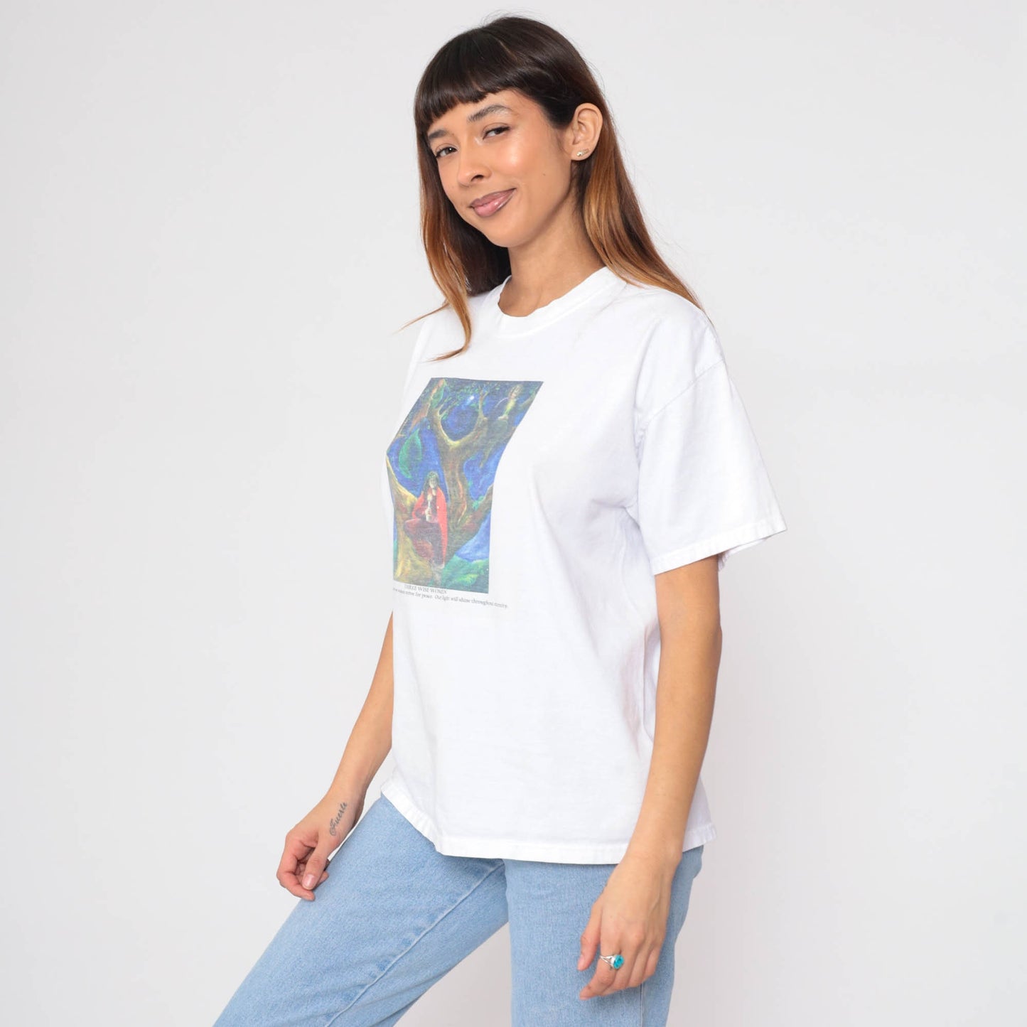 90s Three Wise Women Graphic T-Shirt White Feminist Slogan Large L