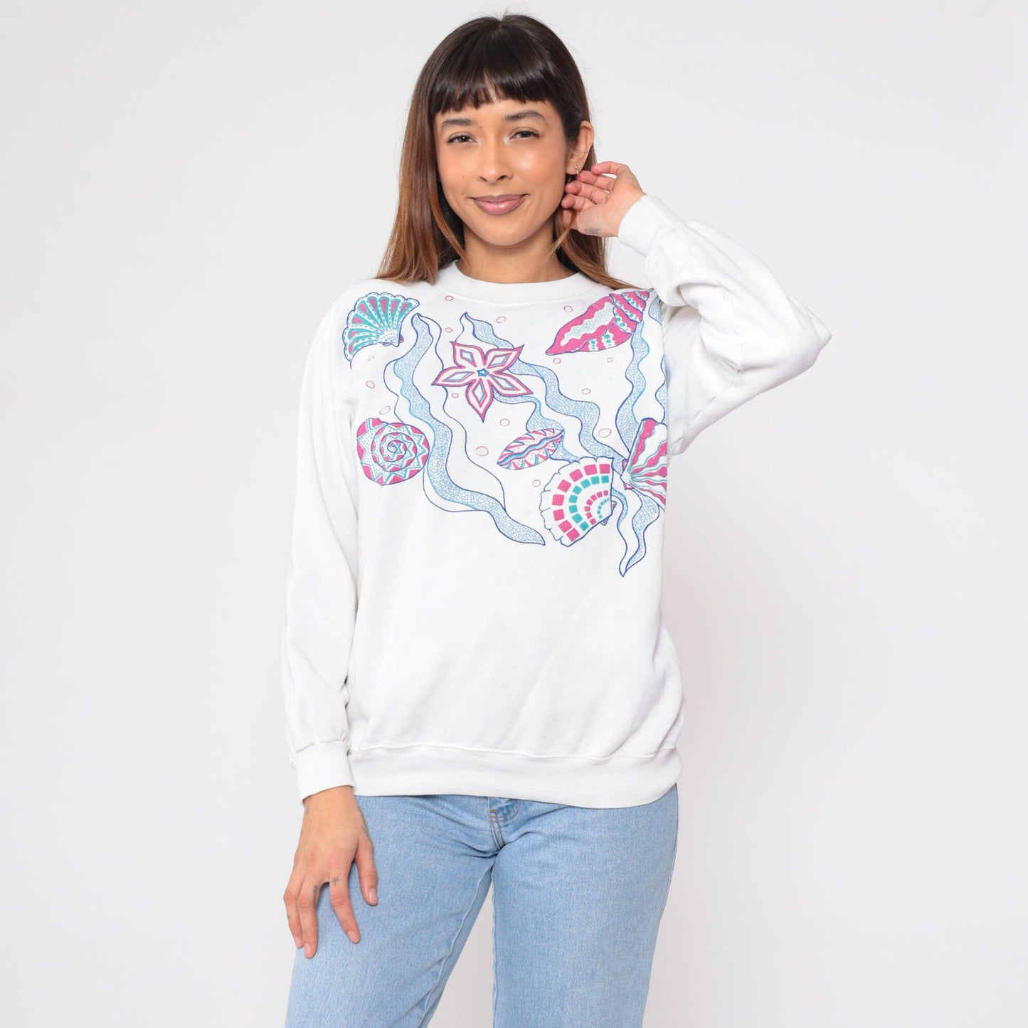 90s Seashell Starfish Sweatshirt White Ocean Graphic Raglan Crewneck Medium