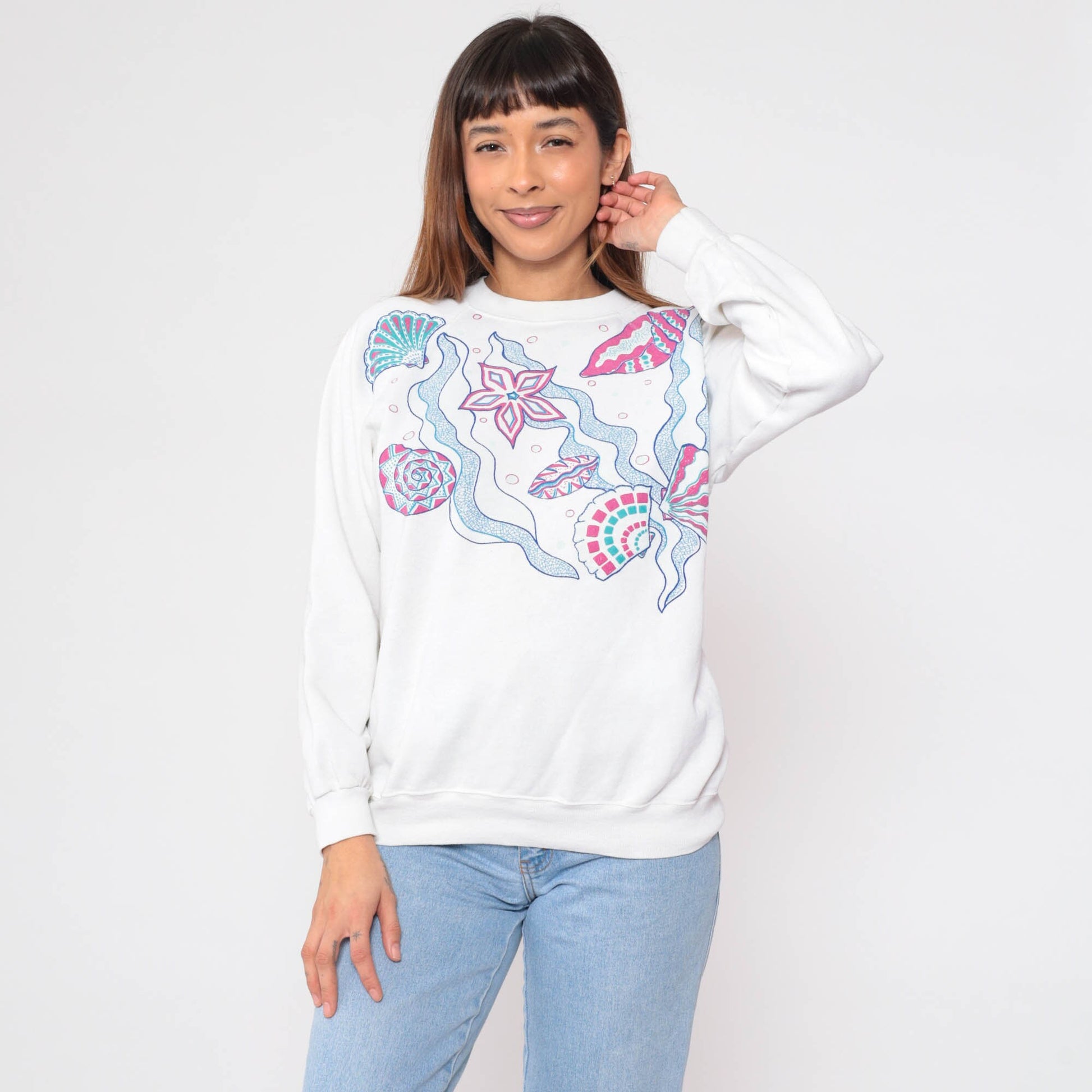 90s Seashell Starfish Sweatshirt White Ocean Graphic Raglan Crewneck Medium