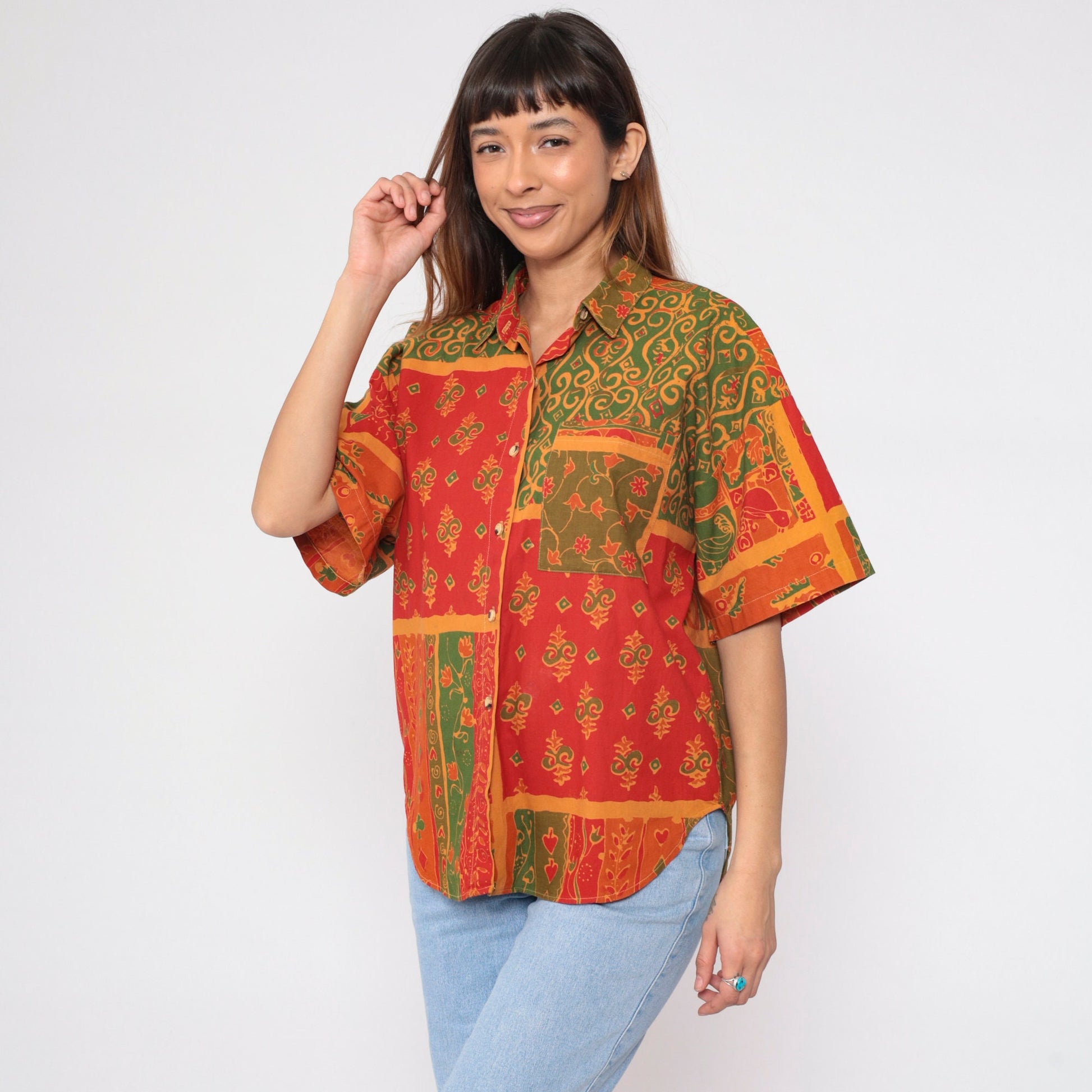 90s Indian Floral Button-Up Shirt Cotton Short Sleeve Collared Top Large