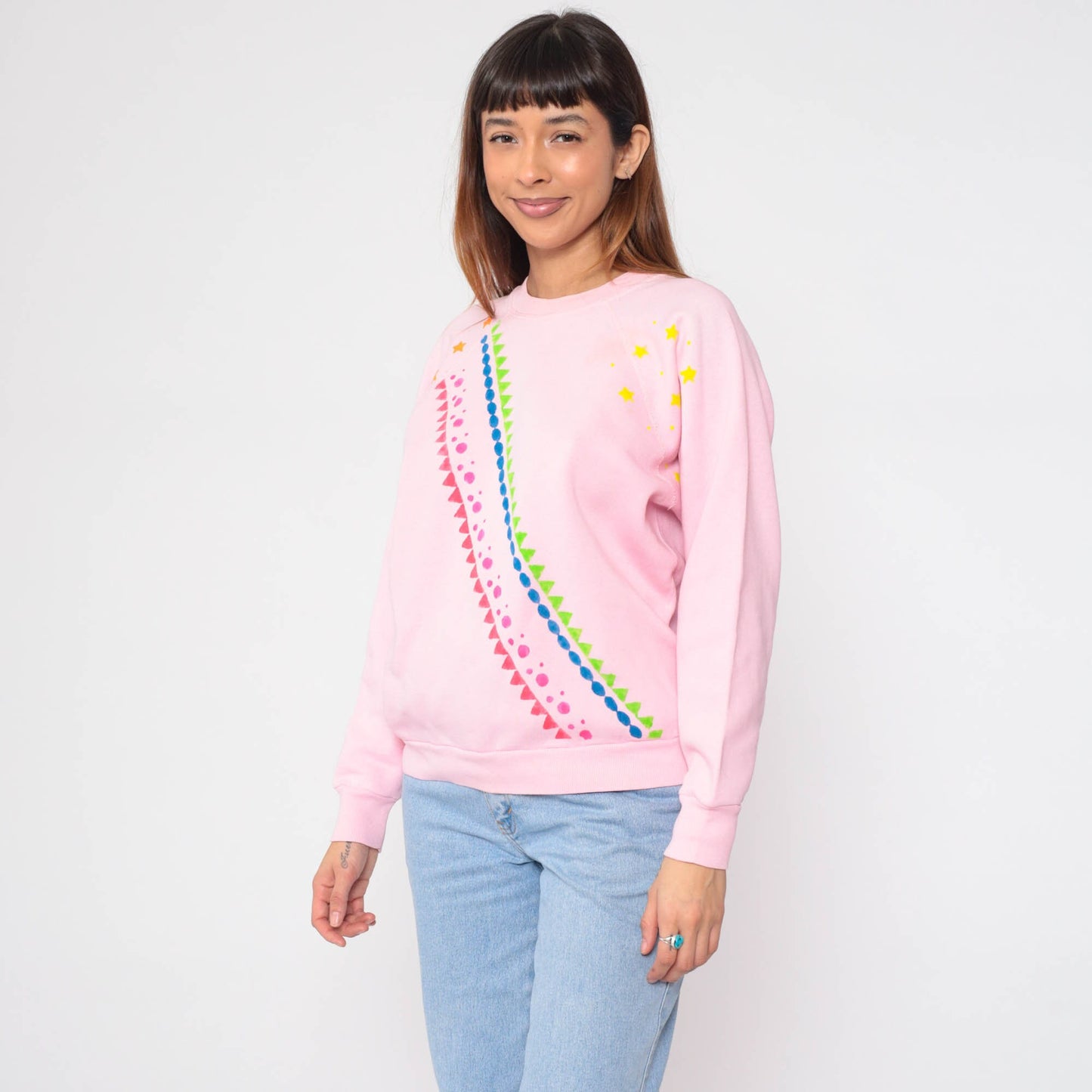 80s Tultex Geometric Star Sweatshirt Baby Pink Painted Crewneck Large L