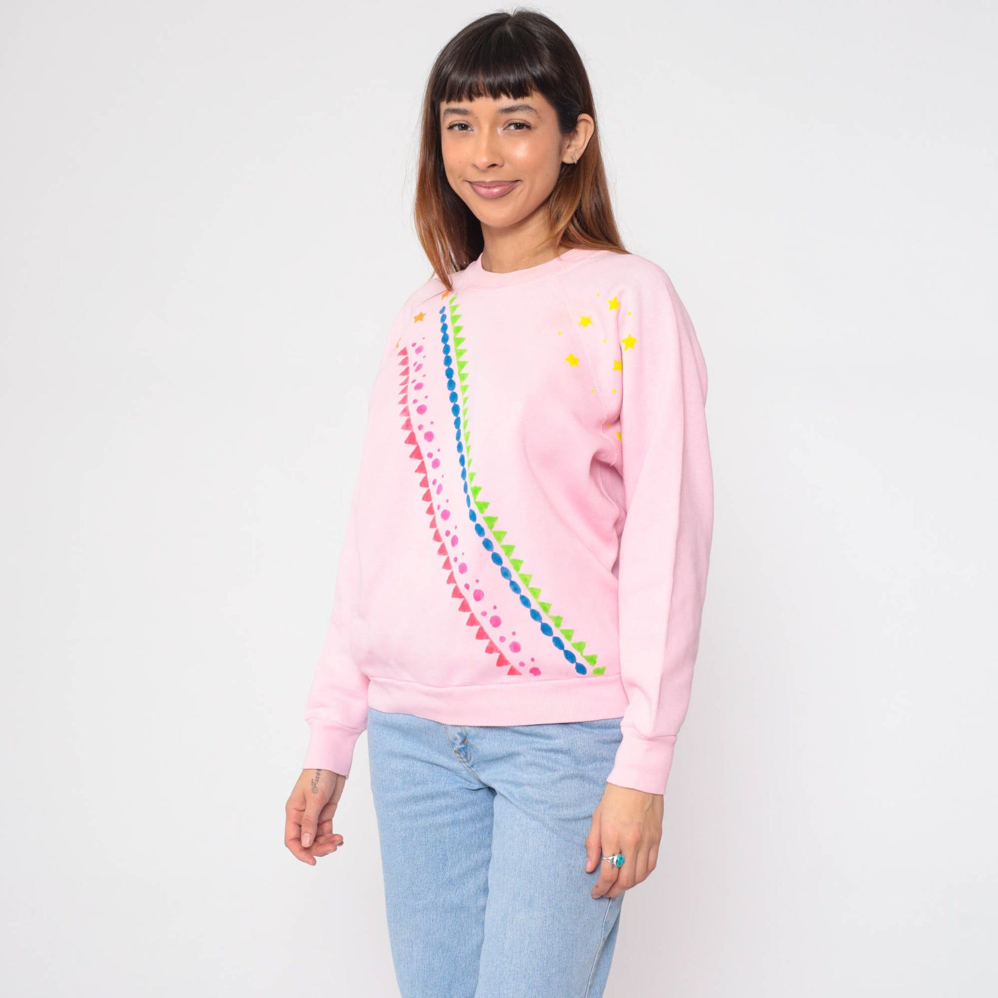 80s Tultex Geometric Star Sweatshirt Baby Pink Painted Crewneck Large L