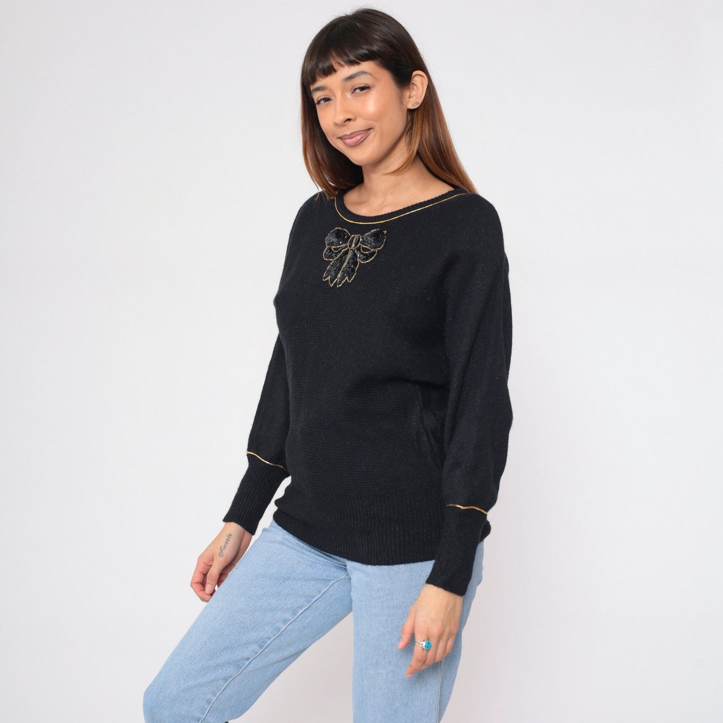 90s Andrea Gayle Black Knit Sweater Sequin Bow Metallic Gold Trim Large L
