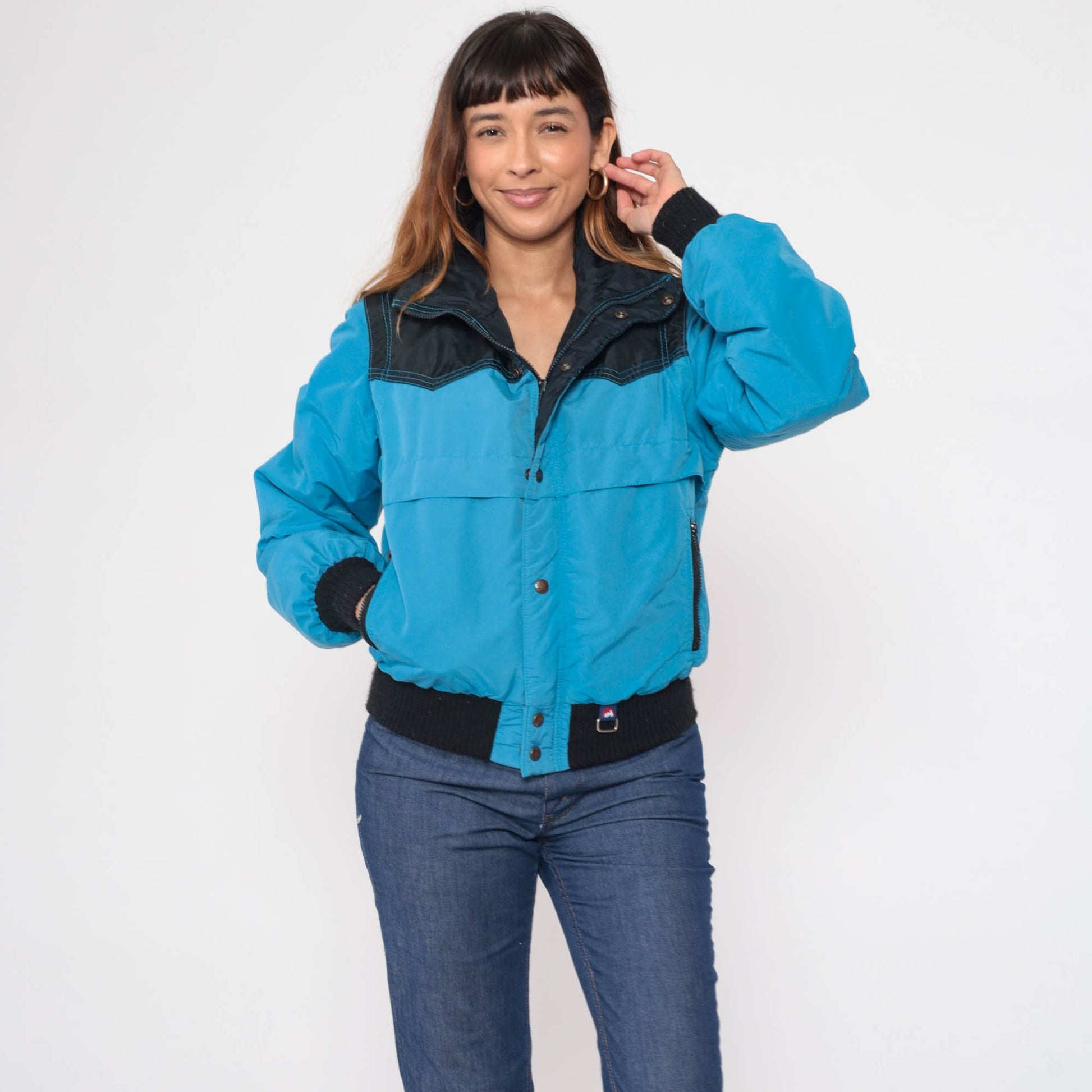 80s White Mountain Puffer Ski Jacket Blue Black Convertible Zip Sleeve Large