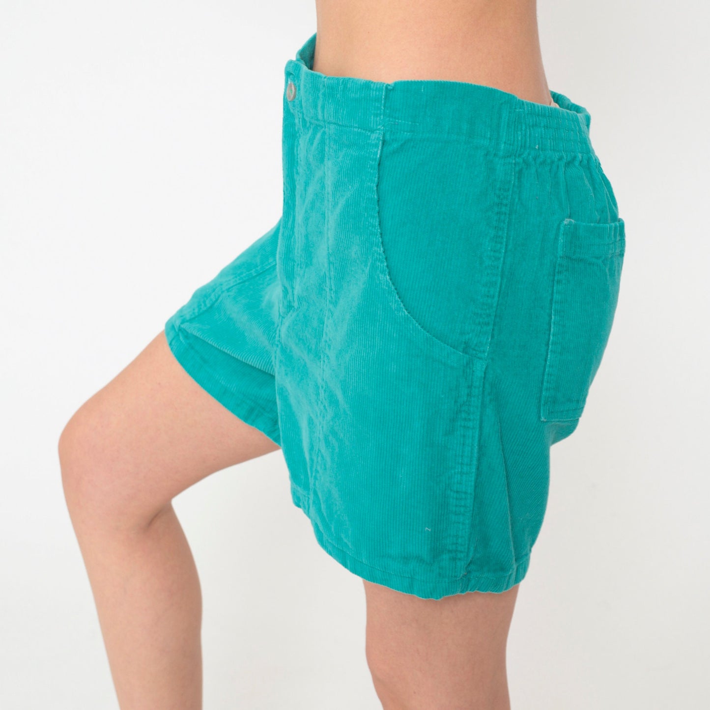 80s Green Corduroy Shorts High Waist Patch Pockets Elastic Back Medium