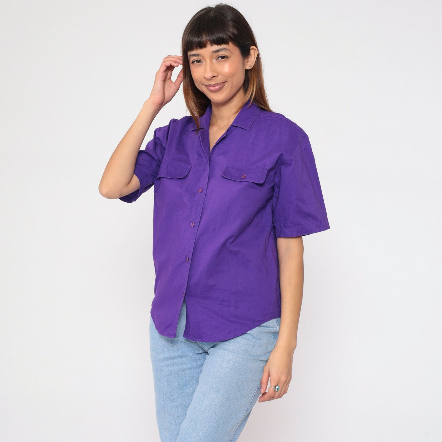 90s Karen Scott Purple Cotton Button-Up Blouse Short Sleeve Chest Pocket Medium