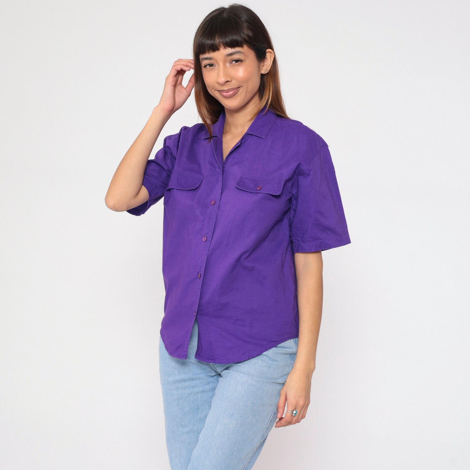 90s Karen Scott Purple Cotton Button-Up Blouse Short Sleeve Chest Pocket Medium