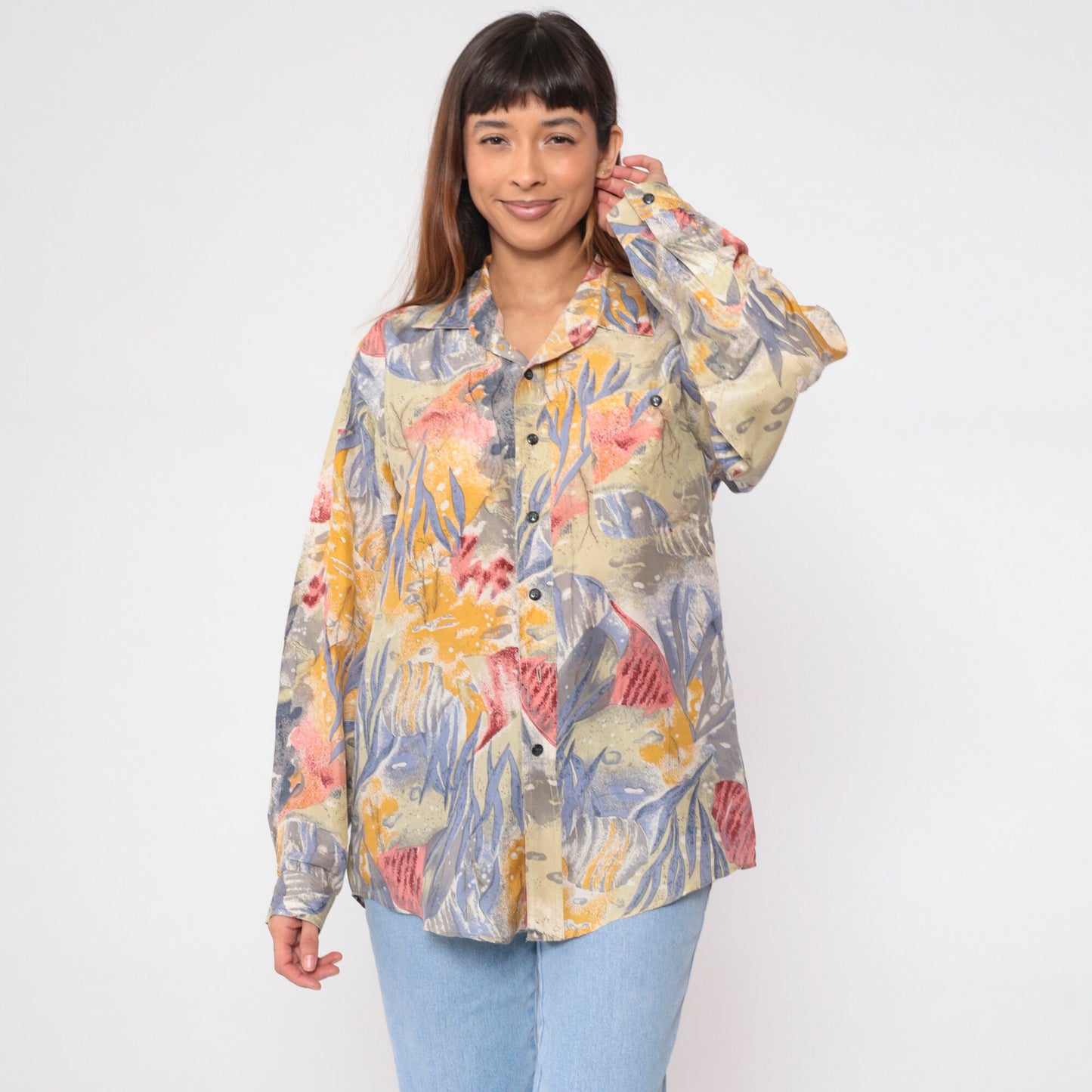 90s Fish Print Silk Button-Up Shirt Ocean Long Sleeve Medium M