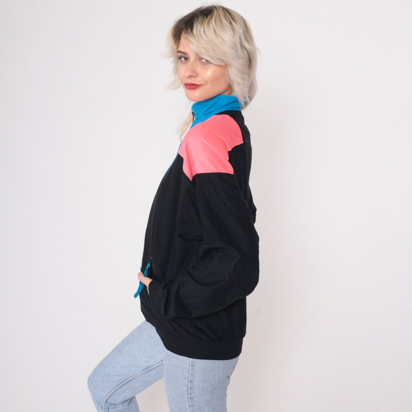 90s Columbia Black Windbreaker Jacket Hot Pink Blue Color Block Small