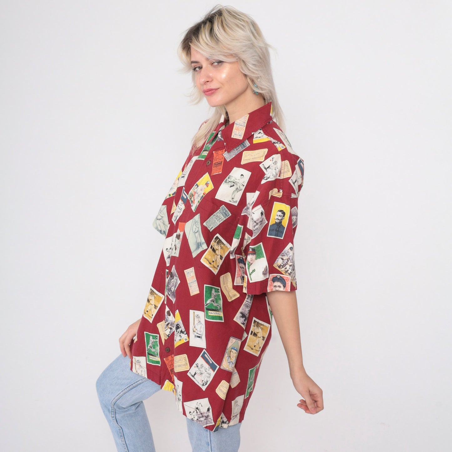 90s Baseball Card Print Button-Up Shirt Red Cotton Large