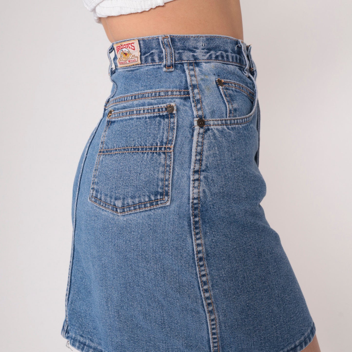 90s Brooks Rugged Wear Denim Mini Skirt High Waisted Pencil Blue Extra Small