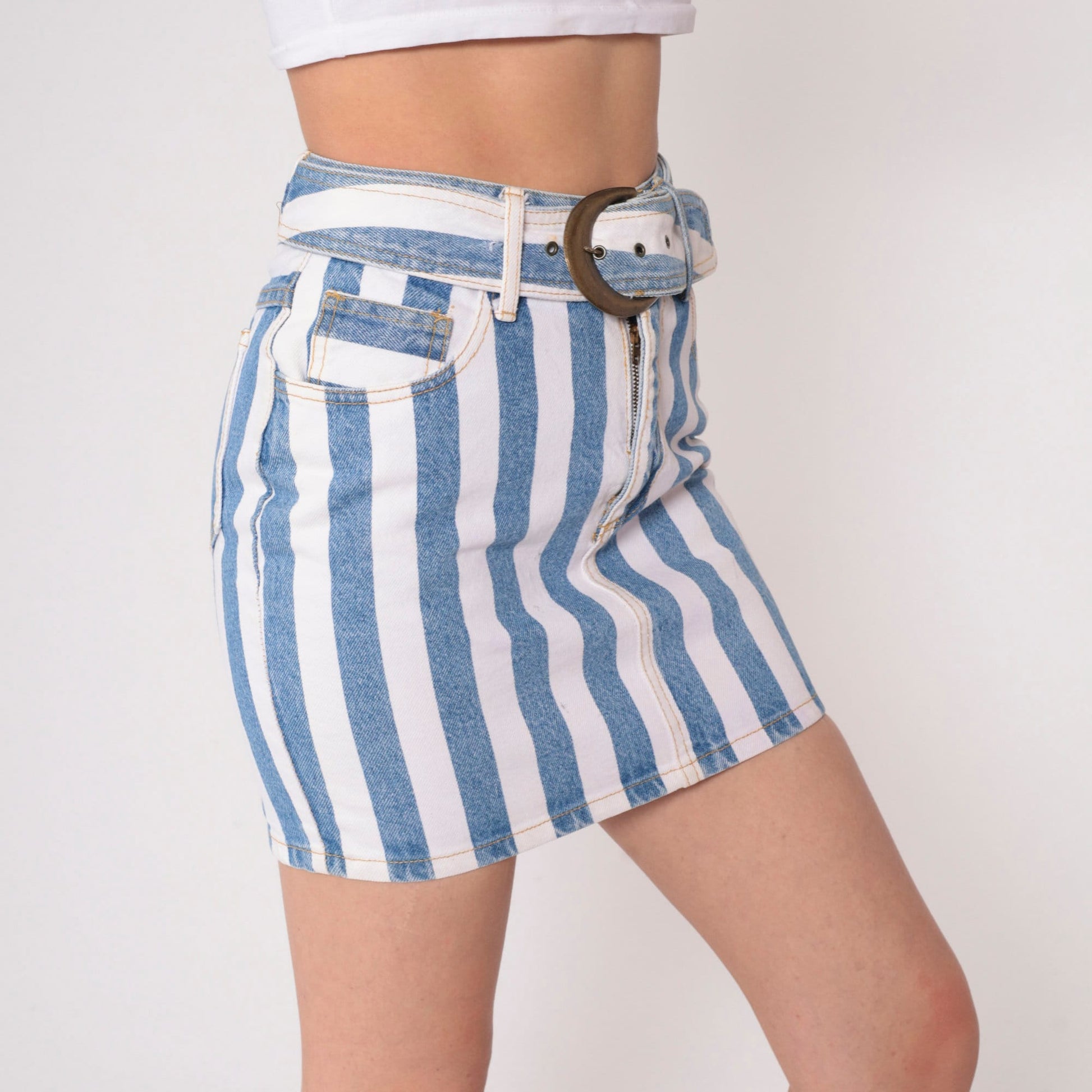 90s Paris Blues Striped Denim Mini Skirt High Waist Belt White Blue Extra Small